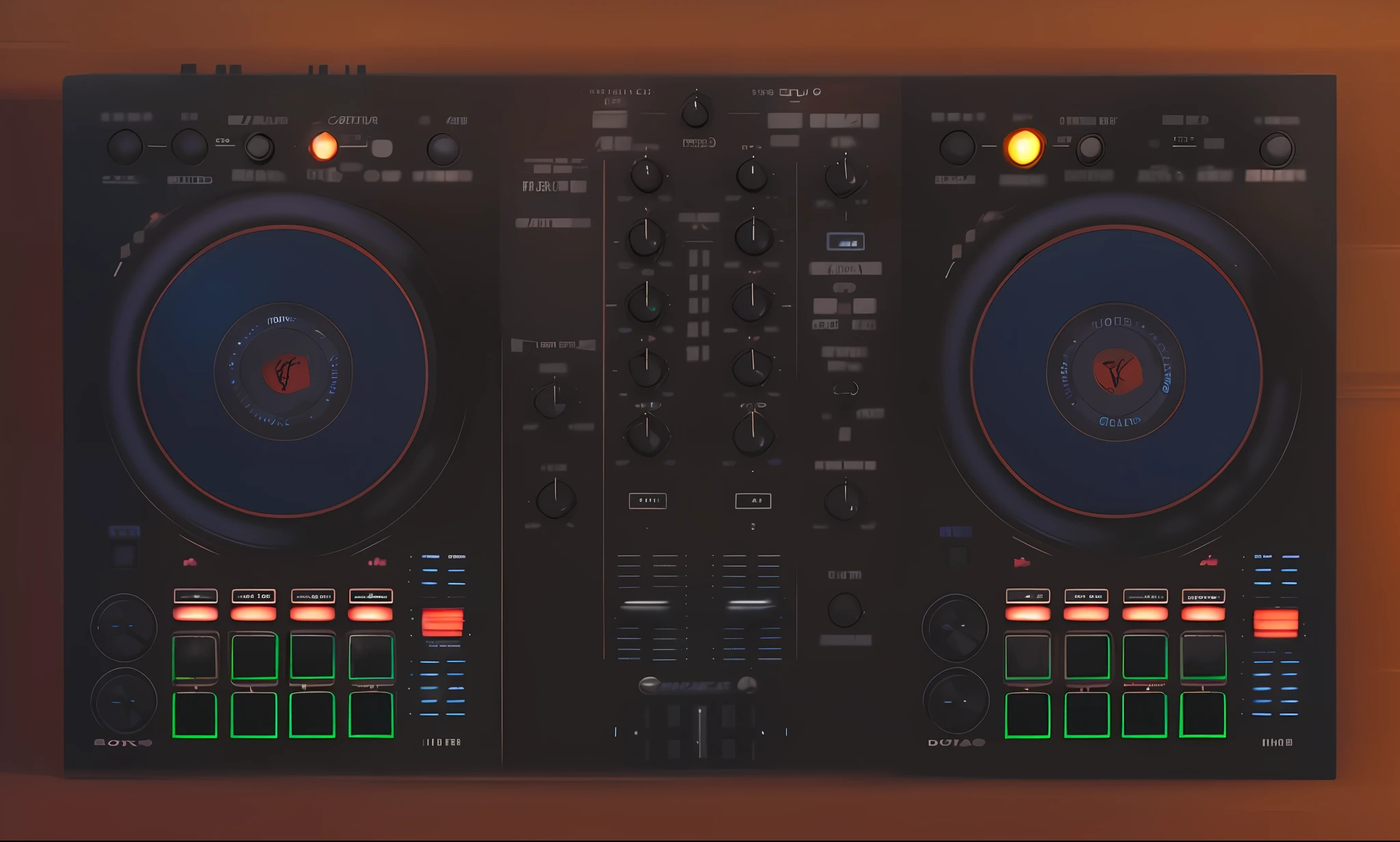 um close up de dois decks com um controlador e um controlador, Mixer DJ, DJ, Conjunto DJ, turntables, DJING com toca-discos DJ, audio equipments, Deck do controlador, Drivers, Carregado, tocando techno house music, Turntablism DJ arranhando, mixer rendering, ELECTRONIC MUSIC, 200mm, 200mm, 2 0 0 millimetres, engrenagem
