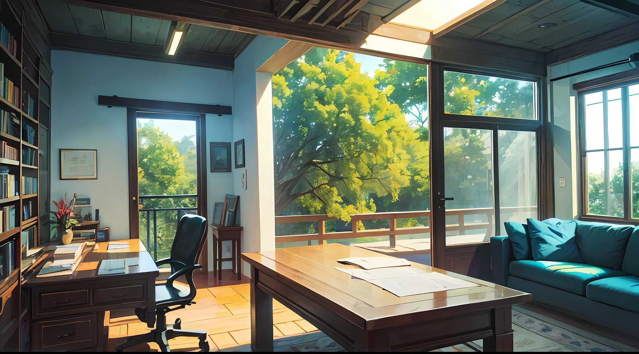 anime: The camera gently enters the young man's room, revelando um ambiente cuidadosamente organizado para o estudo. The table is positioned next to the window, allowing natural light to gently illuminate the space. Books and notebooks are meticulously lined up, evidencing their dedication to learning. The sound of a pencil tracing lines on paper is almost hypnotic, while the young man keeps his posture concentrated. Uma estante repleta de conhecimento se ergue ao fundo, offering a wide variety of references for your studies. The setting is serene and undistracted, com as paredes decoradas com mapas e cartazes inspiradores. The environment is one of discipline and focus, e o jovem parece imerso em seu estudo, absorvido pelo aprendizado que o cativa. The scene conveys a sense of determination and dedication to knowledge, inviting the viewer to be inspired by this environment conducive to intellectual growth.
