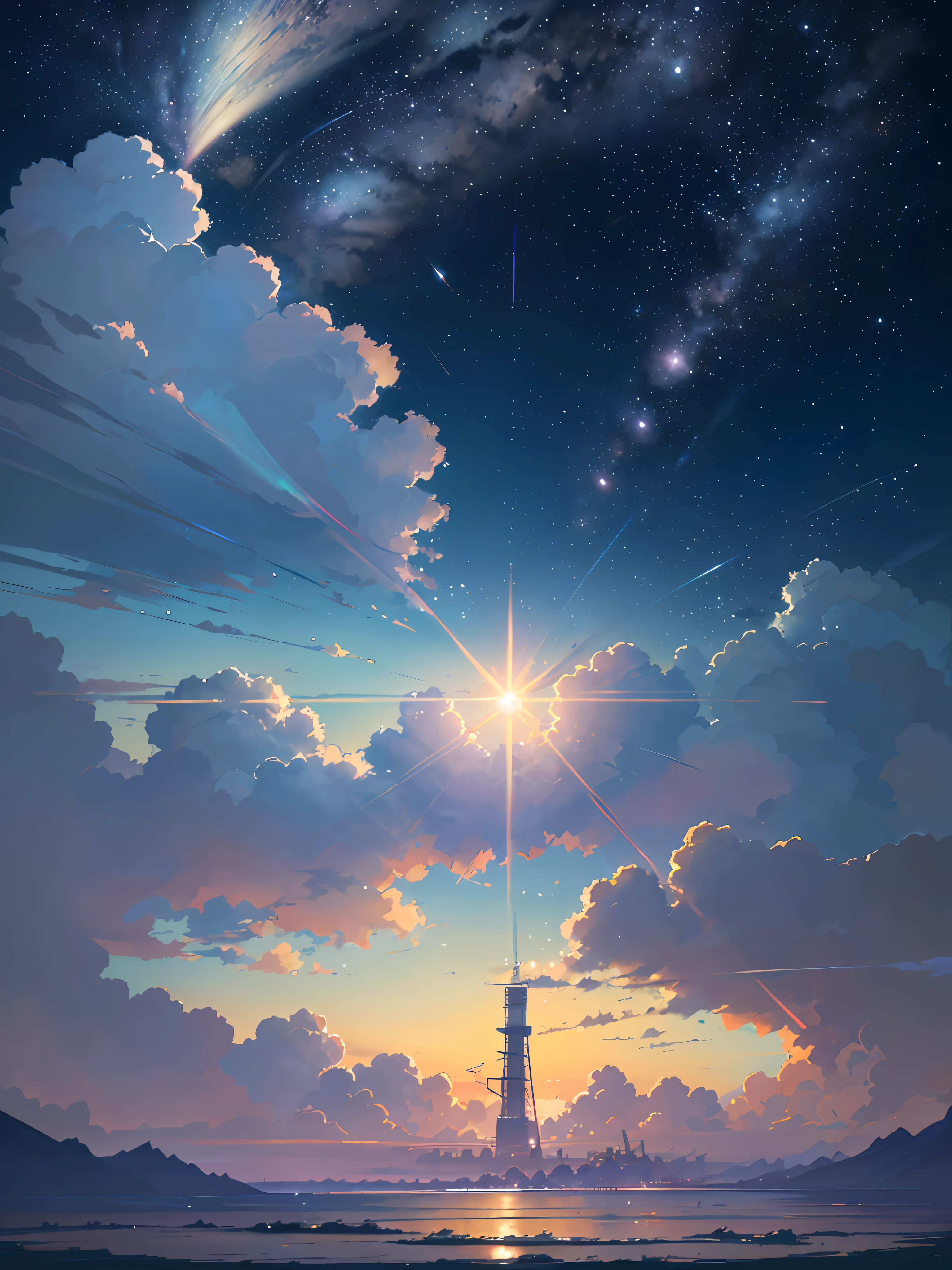 Summer, Makoto Shinkai's concept art, tumblr, magic realism, beautiful anime scenes, beautiful skies. by makoto shinkai, ( ( makoto shinkai ) ), anime background art, anime backgrounds, Makoto Shinkai's style, anime movie backgrounds, galaxy express, no humans. --v6