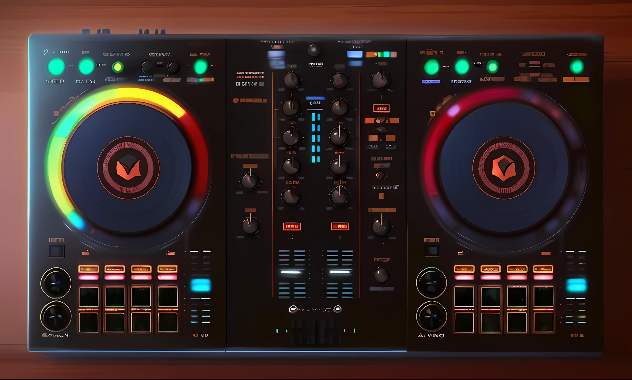 um close up de dois decks com um controlador e um controlador, Mixer DJ, DJ, Conjunto DJ, turntables, DJING com toca-discos DJ, audio equipments, Deck do controlador, Drivers, Carregado, tocando techno house music, Turntablism DJ arranhando, mixer rendering, ELECTRONIC MUSIC, 200mm, 200mm, 2 0 0 millimetres, engrenagem