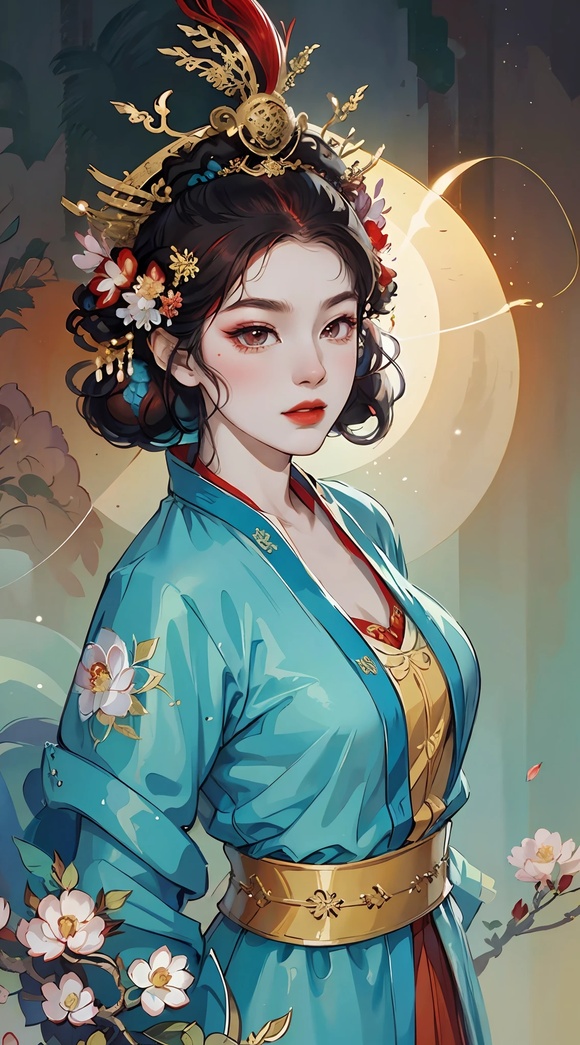 Chinese style illustration, In the picture, An ancient woman dressed in red, The background is ancient architecture, hair adornments, Depth of field, Cinematic lighting, god light, back lit lighting, High detail, hyper HD, Masterpiece, A high resolution