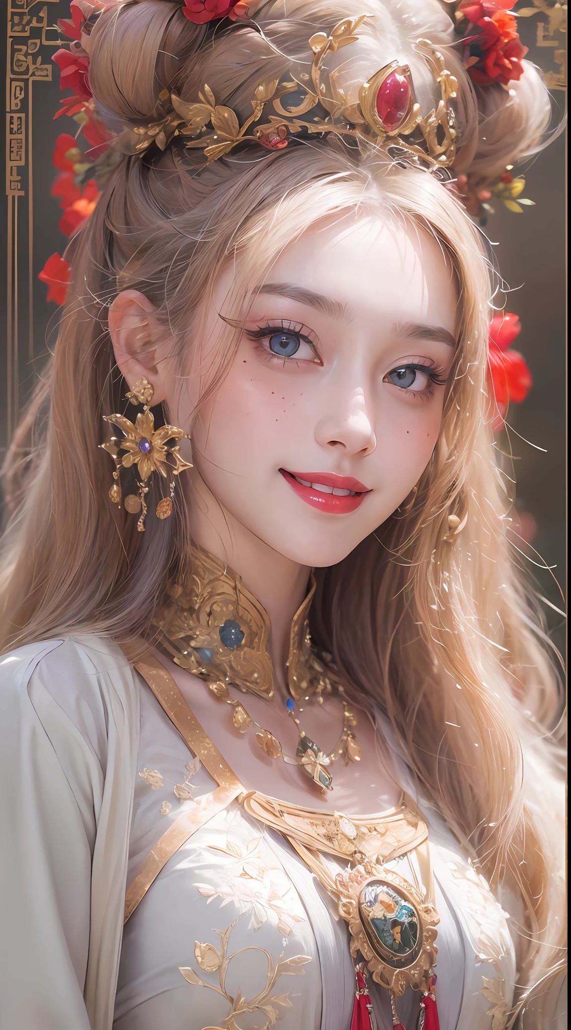 portrait of a beautiful 20 year old holy woman, wearing a thin multicolored silk dress, a beautiful face without blemish, without freckles and moles on her face, (((beautiful smile:1.4))), ((7 color long hair:1.2)), big crown, hair brooch, hanfu dress, chinese ancient style, full body jewelry, forehead tattoo: (very even and red lips, face full of details, face 1.8) the goddess' skin is smooth white, rosy, cinematic, light and dark, dramatic light, magical light, extremely detailed light, true color, super sharp, realistic, 8k quality, fantasy universe background, saint and magical space, the most detailed image,