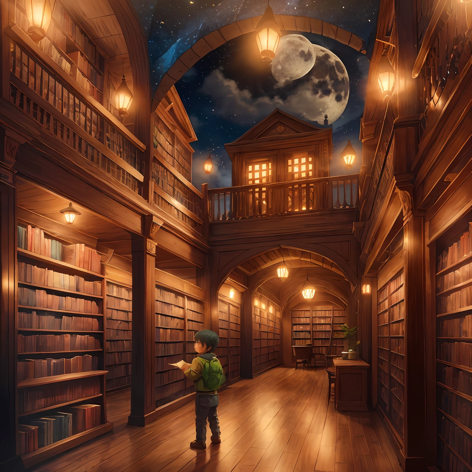 (top-quality:0.1)、(超A high resolution:1.0)、细致背景、Detailed people、a moon、A little boy、countryside、atlibrary、Wagas、firefly、walk