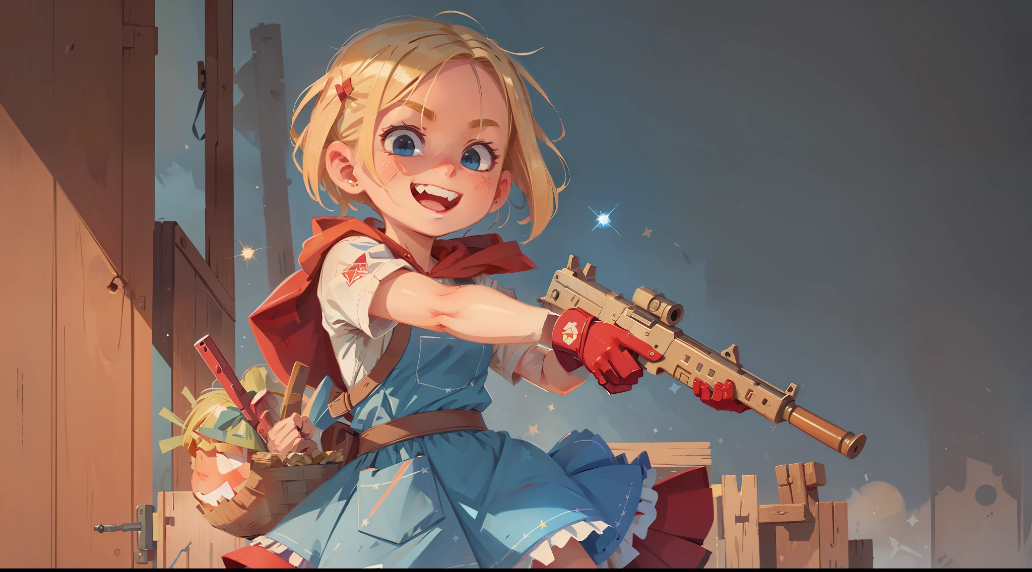 masterpiece, best quality, 1girl, weapon, blonde hair, gun, solo, basket, smile, hood, blue eyes, grin, apron, short hair, dress, capelet, simple background, submachine gun, handgun, grenade, sparkle, looking at viewer, skirt, holding, red dress, explosive, bow, red hood