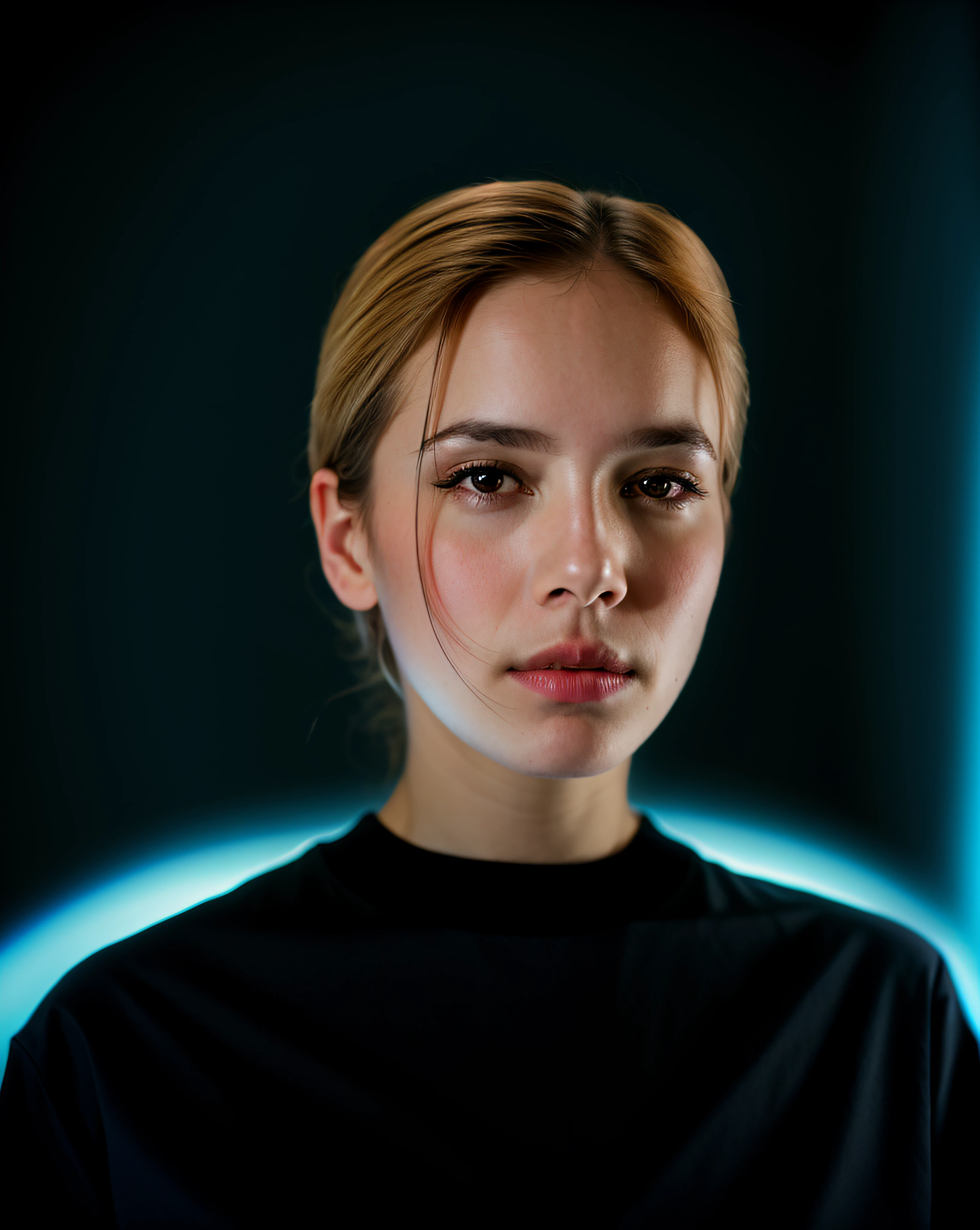 There is a woman with a black shirt and a blue light, Foto retrato suave 8 k, Retrato tirado 8 K, cinematic portrayal, Fotografia de uma mulher techwear, retrato da de glowwave, Retrato editorial, Retrato no meio da foto, Retrato de uma mulher sci - fi, Retrato colorido, medium portrait soft light, Marco Steyerl, retrato suave luz baixa