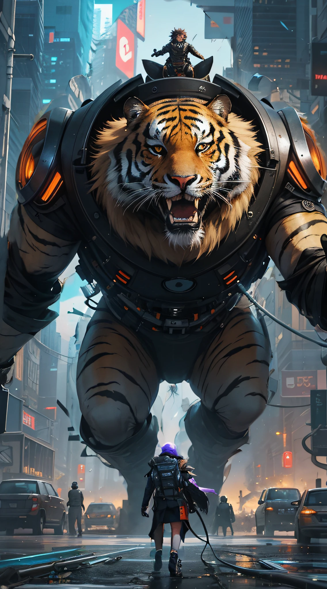 A cyberpunk tiger roars amid the chaos of a futuristic city, where tall, ruined buildings mingle with giant screens and electrical cables. The tiger's body is covered in metallic implants and light circuits, which enhance its wild beauty and brutal strength. Their eyes are red and bright, as if they were cameras capable of seeing beyond the visible. Its claws and teeth are sharp and chrome-plated, ready to tear apart any obstacle. Their coat is orange and black, but with blue and purple reflections, which create a contrast with the gray and polluted environment. The tiger is a living work of art, a perfect fusion between nature and technology, a symbol of resistance and freedom in a world dominated by chaos and oppression., angry, Futurism, high detail, cinematic lighting, from below, 8k, best quality, high quality, super detail, high details