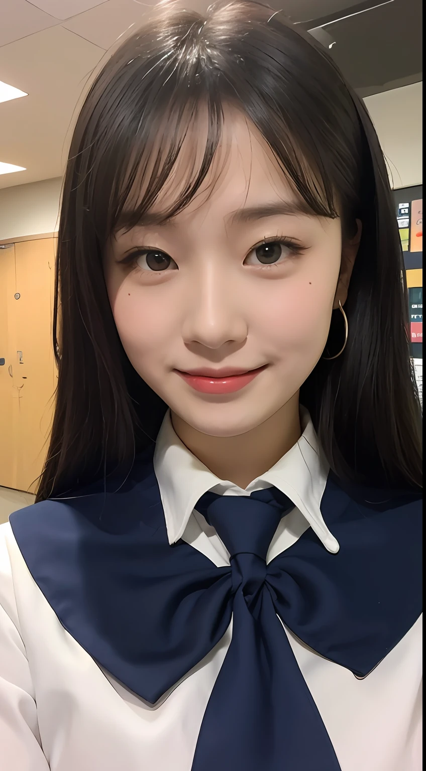 Highly detailed 8k wallpaper), sharp focus, detailed, dramatic, delicate and beautiful schoolgirl, white shirt, navy blue ribbon collar, dark blue pleated micro mini, sexy, smile, peek at the viewer, graphics beautiful, bright school building, full of students, show the whole body,.