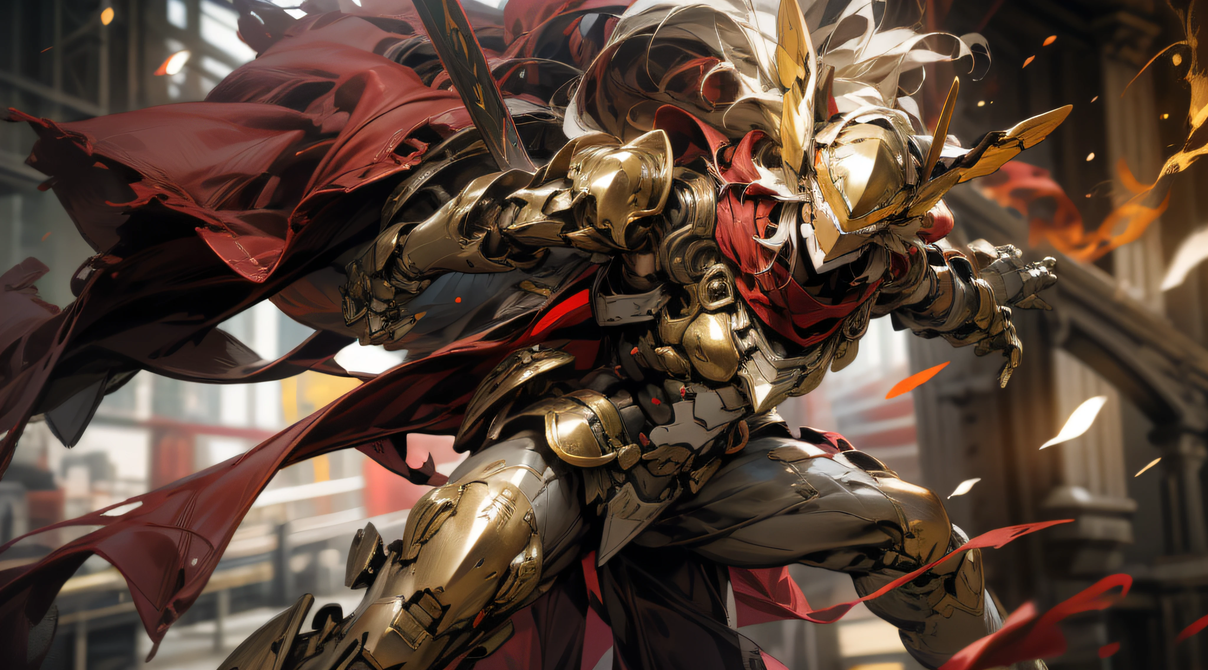 A beautiful game CG with the Doomsday theme armor as the main body, super detail, this is a light black and light white complex structure of the mecha, the mech holds a red glowing wide heavy armor sword, Exudes fiery red light: 1.2, eyes emit dazzling red light: 0.8, 3D two-dimensional drawing, tattered red scarf swaying in the wind, anime drawing, chiaroscuro, light effects, mecha detailed and exquisite, mecha face delicate and clear, light source on the eyes, broken mechanical battlefield burning in the background, battle posture drawing, background fire flow, flow special effects, OWgenji