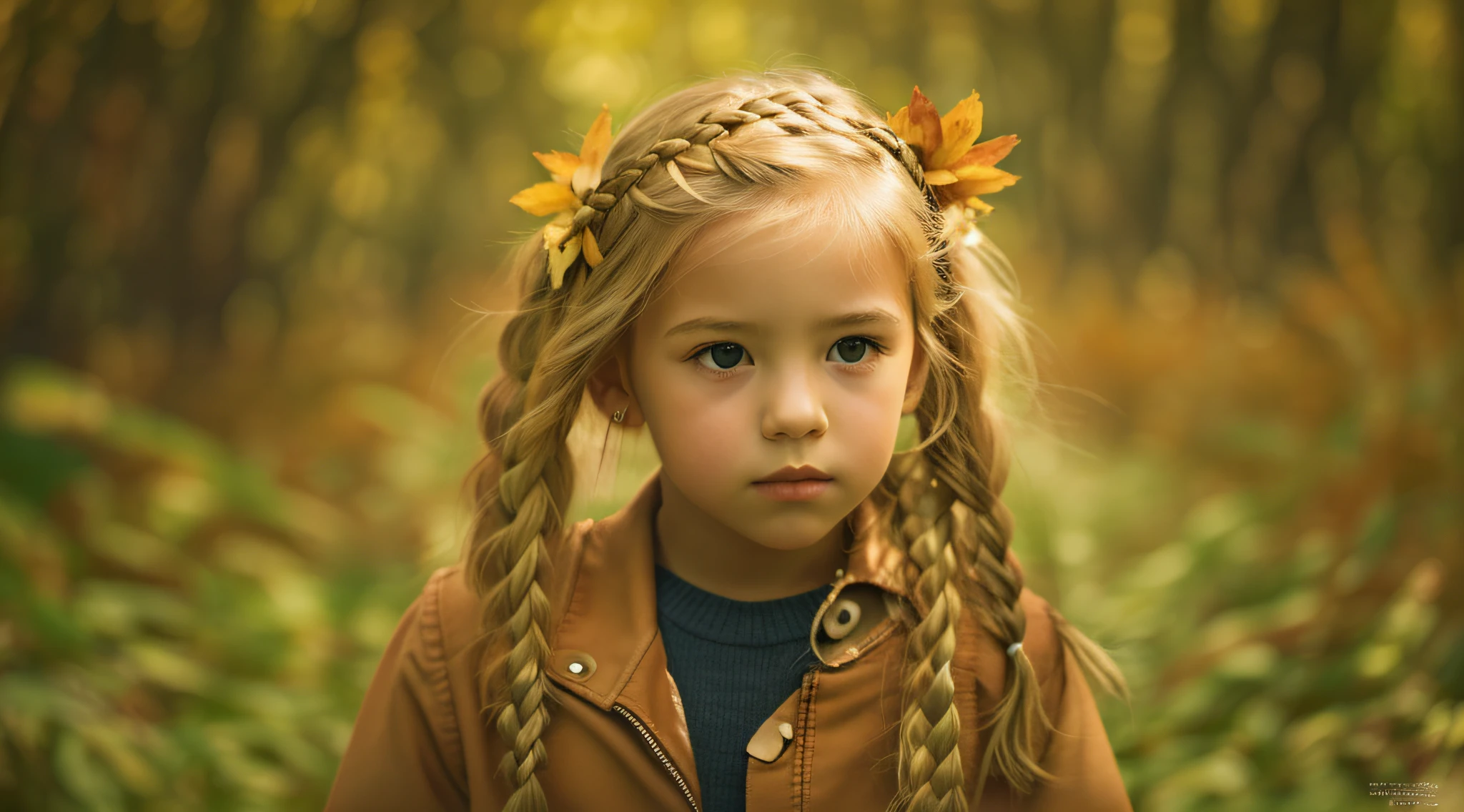 KIDS BLONDIE BRAIDS fotografia (estilo fallenangel:1) uma pintura digital de um (atraente:1) Anjo dourado sentado no meio de uma floresta