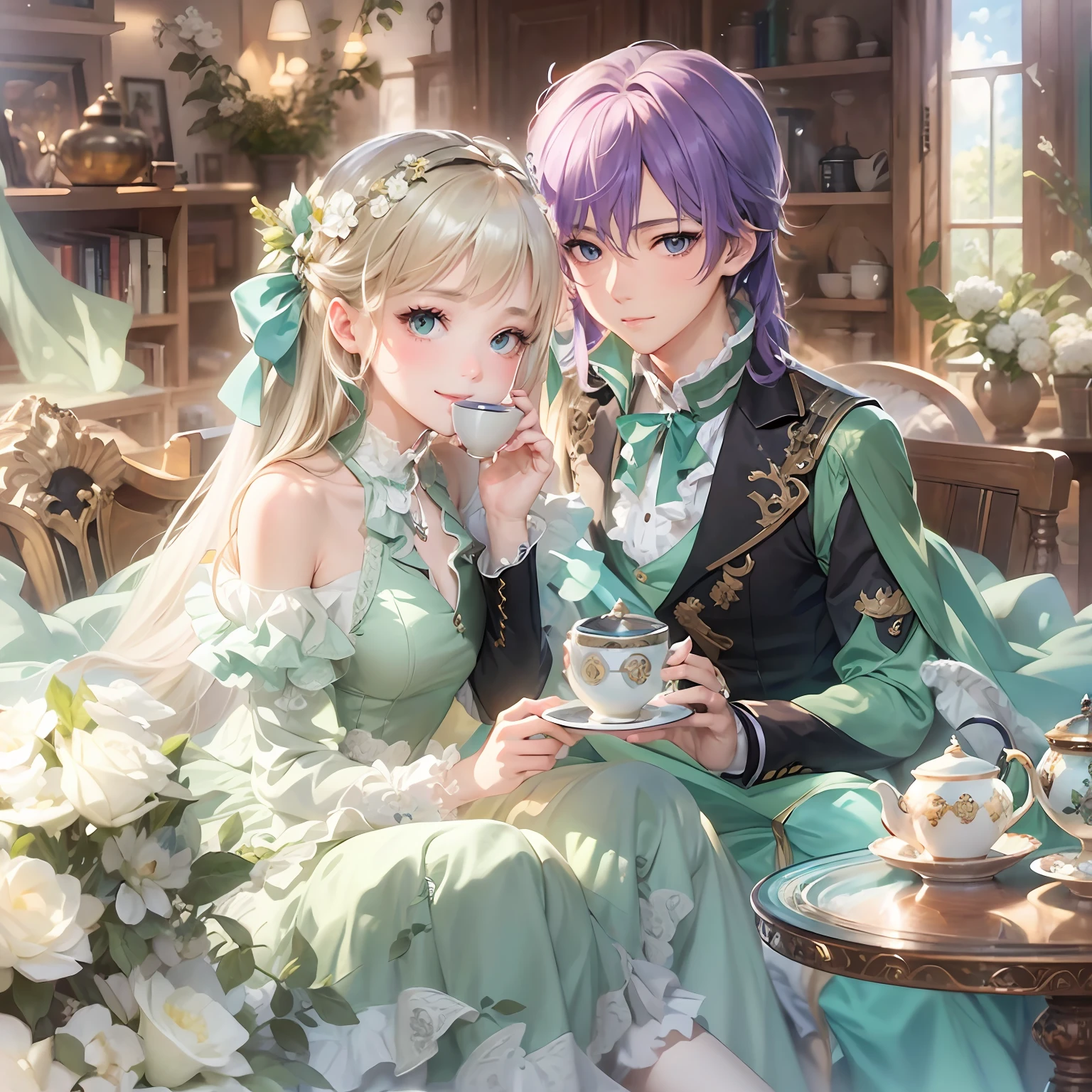 masterpiece、top-quality、((illustratio))、((animesque))、Ultramarine hair、a purple eye、Beautiful young man、A slight smil、Staring at the girl