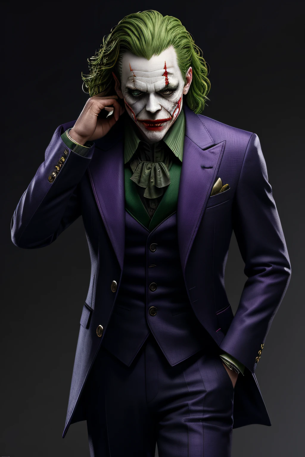 (8k, RAW photo, best quality, masterpiece:1.2), ultra detailed, official art, photo-realistic:1.37, upper body shot, DC Joker, film grain, action pose