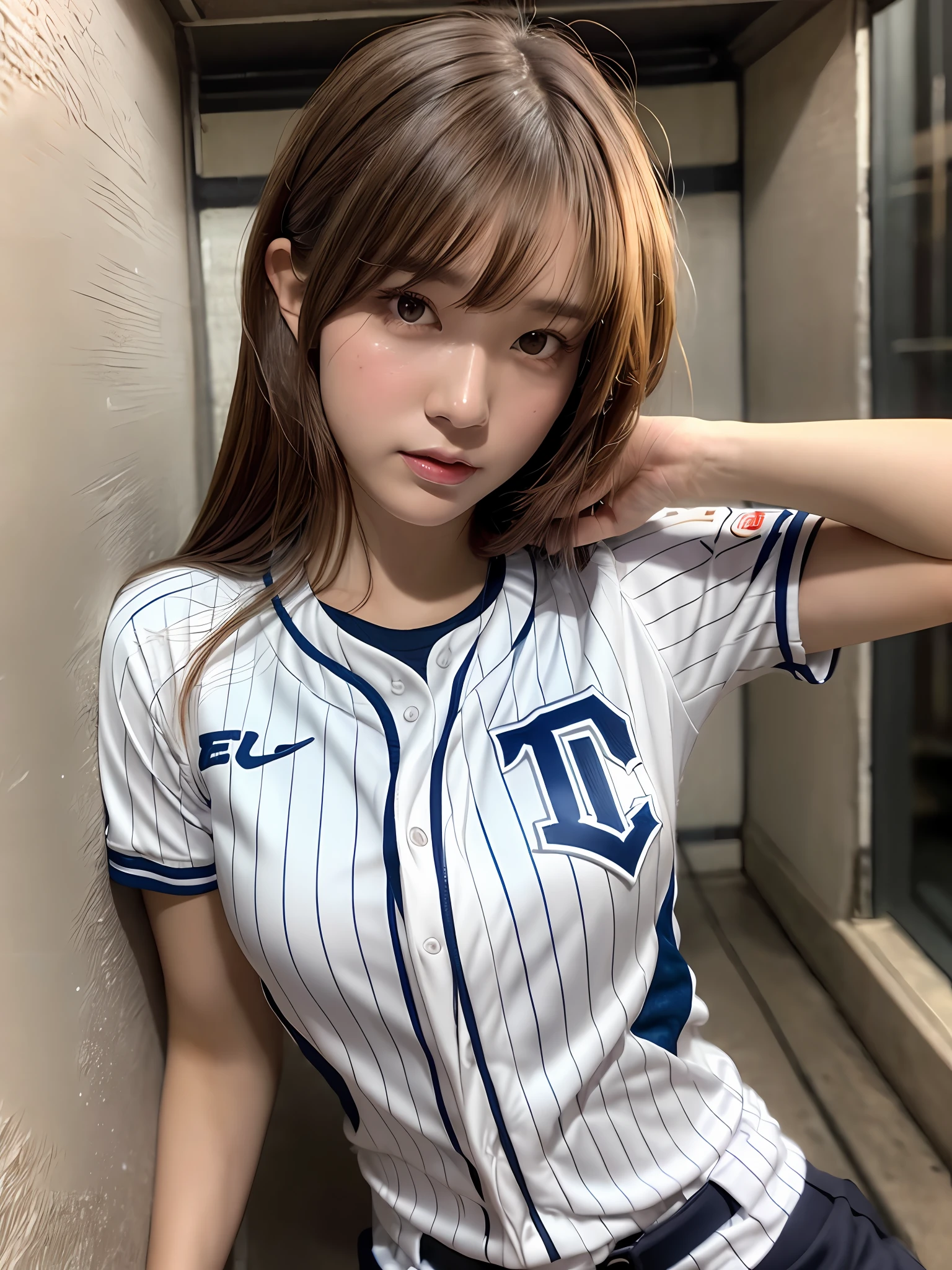 masterpiece, 1 woman per 1photo, full body shots, directly front view, a Japanese young pretty woman, hyper pretty face, 18 years old, wearing a women's baseball uniform with pin stripes, holding a bat in a baseball stadium, sweaty body, glossy lips, glamorous figure, serious expression, double eyelids in both eyes, natural makeup, long eyelashes, shiny smooth light brown hair, asymmetrical bangs, tanned skin, central image, 8K resolution, high detail, detailed hairstyle, detailed face, epic cinematic lighting, octane rendering, vibrant, an ultra realistic, perfect limbs, perfect anatomy