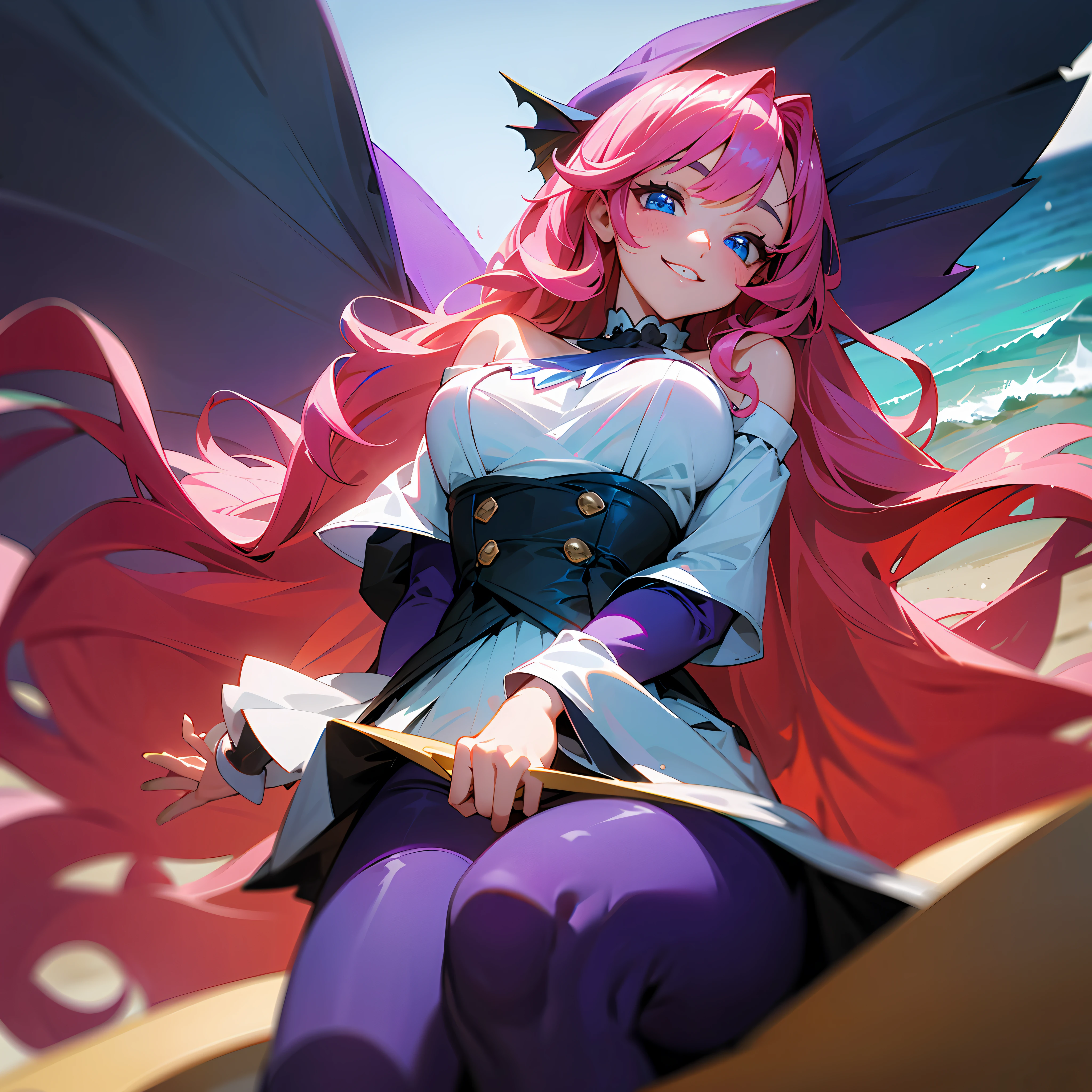 seraphine, league of legends, portrait, hot girl, POV, thick lines, beautiful face, detailed hair, long pink wavy hair, ((vivid color)), ocean blue eyes, beautiful eyes, purple dress, off-shoulder white shirt, stockings, looking at viewer, grin, beach, sea, best quality, masterpiece, extremely detailed, original, highres, 8k wallpaper, medium breasts, breast focus, blush, from below, depth of field, trending on Pixiv, far away --auto