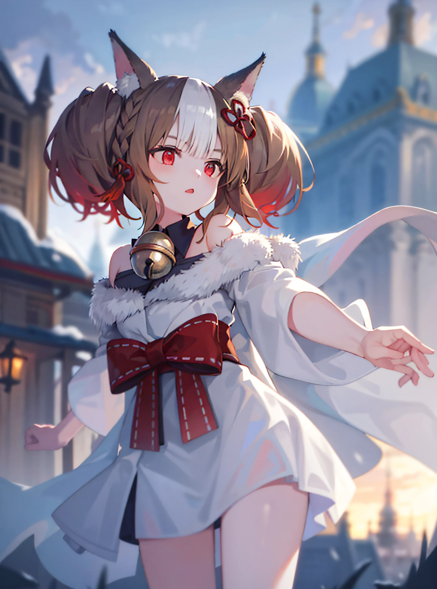 (Highest picture quality), (Master's work),(solo:1.2),backlighting,extremely delicate backgroud,white fog,animal ears ,1girl , fox ears ,bangs , red eyes , multicolored hair , twintails , animal ear fluff ,brown hair , hair ornament ,bell , dusk,sunset,building,cloudy sky,rim lighting, two tone lighting,acing viewer,