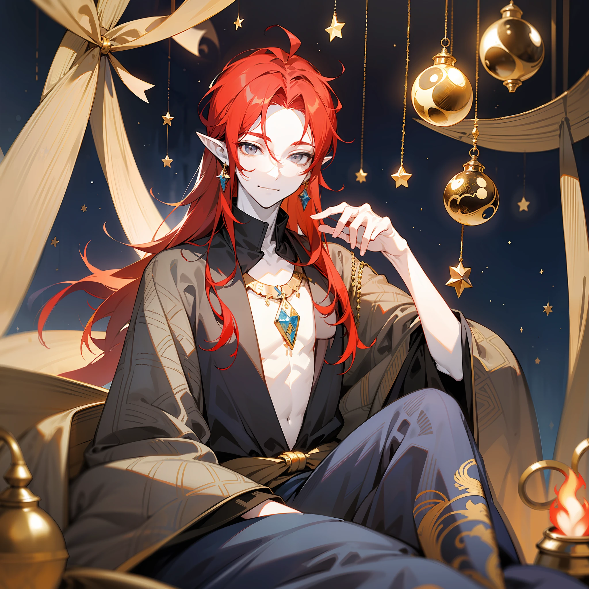 young man, (((male))), man, (((one person))), single, solo, 1guy, (((very pale skin))), ((pale skin)), (((red hair))), ((red colored hair)), (((grey colored eyes))), long hair, (((slim body))), twink, (((flat chest))), (((fantasy style))), ((black colored fabric)), (((indigo colored fabric))), (((patterns on fabric))), (((magical patterns on clothes))), (((fantasy patterns on clothes))), wearing leggings, ((golden details)), ((wearing golden accessories in his hair)), ((golden jewellery)), ((pointy ears)), (((grey eyes))), smooth skin, stars ornaments, sun moon ornaments, stars decoration, (male face), smiling, circus tents in the background, nighttime, campfire, (sitting on a wooden crate), a few trees, colorful lines of fabric hanging over the crate, patterned fabric draped over the crates, circus in the background