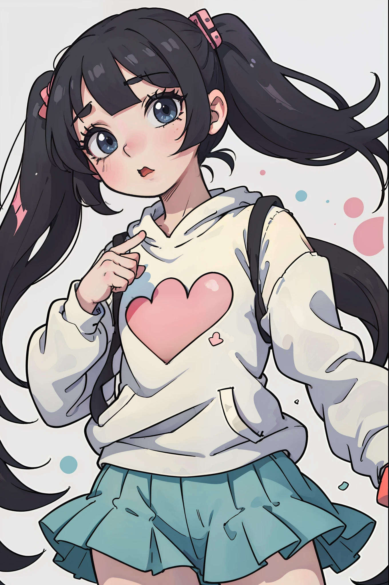 Yume Cute、an anime girl、Head and body are low、Deformed、cartoon、Zito-order、Sickly cute、Harajuku、Casual clothing、Kitschy aesthetics、long eyelashes、Black hair twintails、subculture、Cute fluffy backgrounds、flat-colors