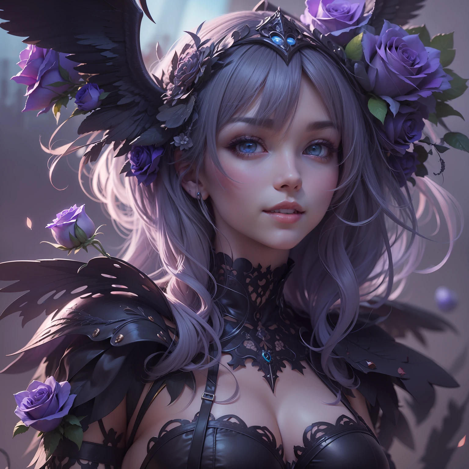 Anime girl with purple roses and crowns, Black wings on the back, and Yang J's cyberpunk art, cgsociety contest winner, gothic art, 8k high quality detailed art, Detail Digital Animation Art, gothic maiden anime girl, 4k detailed digital art, 4k detailed digital art, 2.5 d cgi anime fantasy artwork, Intricate and colorful anime CGI style, s whole body, Detail, Big, Clear eyes, Lovely smile