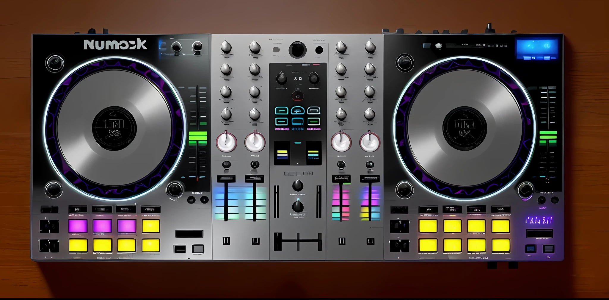 Um close up de um controlador de DJ com um leitor de disco, DJ, Mixer DJ, Conjunto de DJ, turntables, DJING com toca-discos DJ, audio equipments, tocando techno house music, Turntablism DJ arranhando, turntablist, Deck do controlador, Carregado, Deck de fitas, olhando parcialmente para a esquerda, DJ em uma festa, black steel with red trim, Mpc