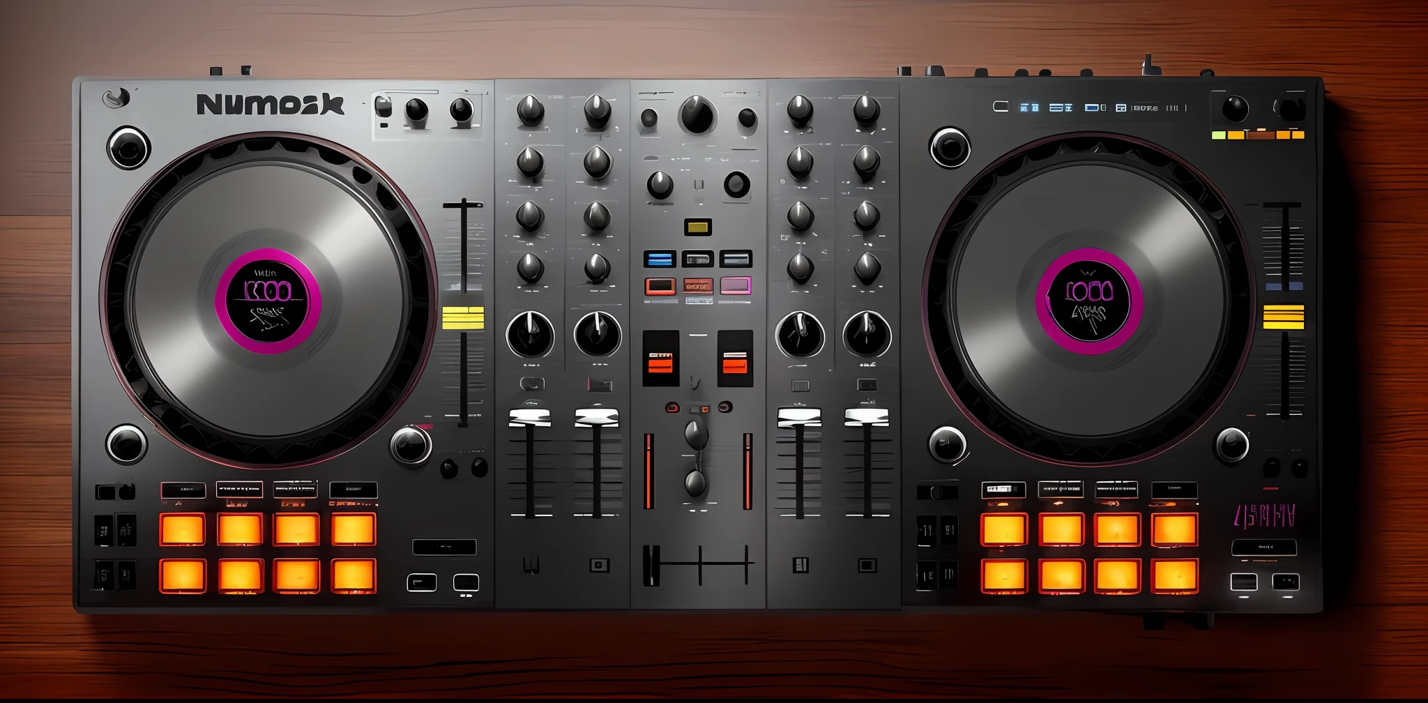 Um close up de um controlador de DJ com um leitor de disco, DJ, Mixer DJ, Conjunto de DJ, turntables, DJING com toca-discos DJ, audio equipments, tocando techno house music, Turntablism DJ arranhando, turntablist, Deck do controlador, Carregado, Deck de fitas, olhando parcialmente para a esquerda, DJ em uma festa, black steel with red trim, Mpc