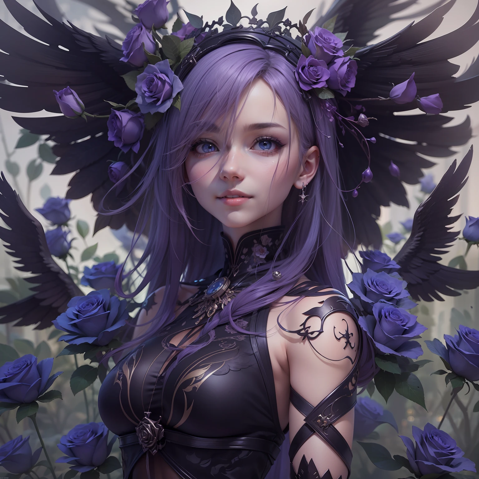 Anime girl with purple roses and crowns, Black wings on the back, and Yang J's cyberpunk art, cgsociety contest winner, gothic art, 8k high quality detailed art, Detail Digital Animation Art, gothic maiden anime girl, 4k detailed digital art, 4k detailed digital art, 2.5 d cgi anime fantasy artwork, Intricate and colorful anime CGI style, s whole body, Detail, Big, Clear eyes, Lovely smile