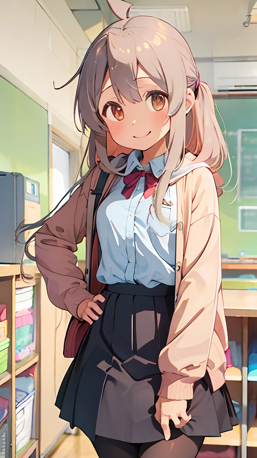 ((best quality)), ((illustration)) , ((high quality)), ((masterpiece)), ((ultra_detailed)), 1girl, cowboy shot, full body, straight-on, standing, light smile, ahoge, long hair, hands in pocket, bangs, looking at viewer, blush, hooded cardigan, plaid skirt, white shirt, (long skirt: 1.1), red ribbon, open clothes, long sleeves, pantyhose, brown uwabaki, solo, classroom,
