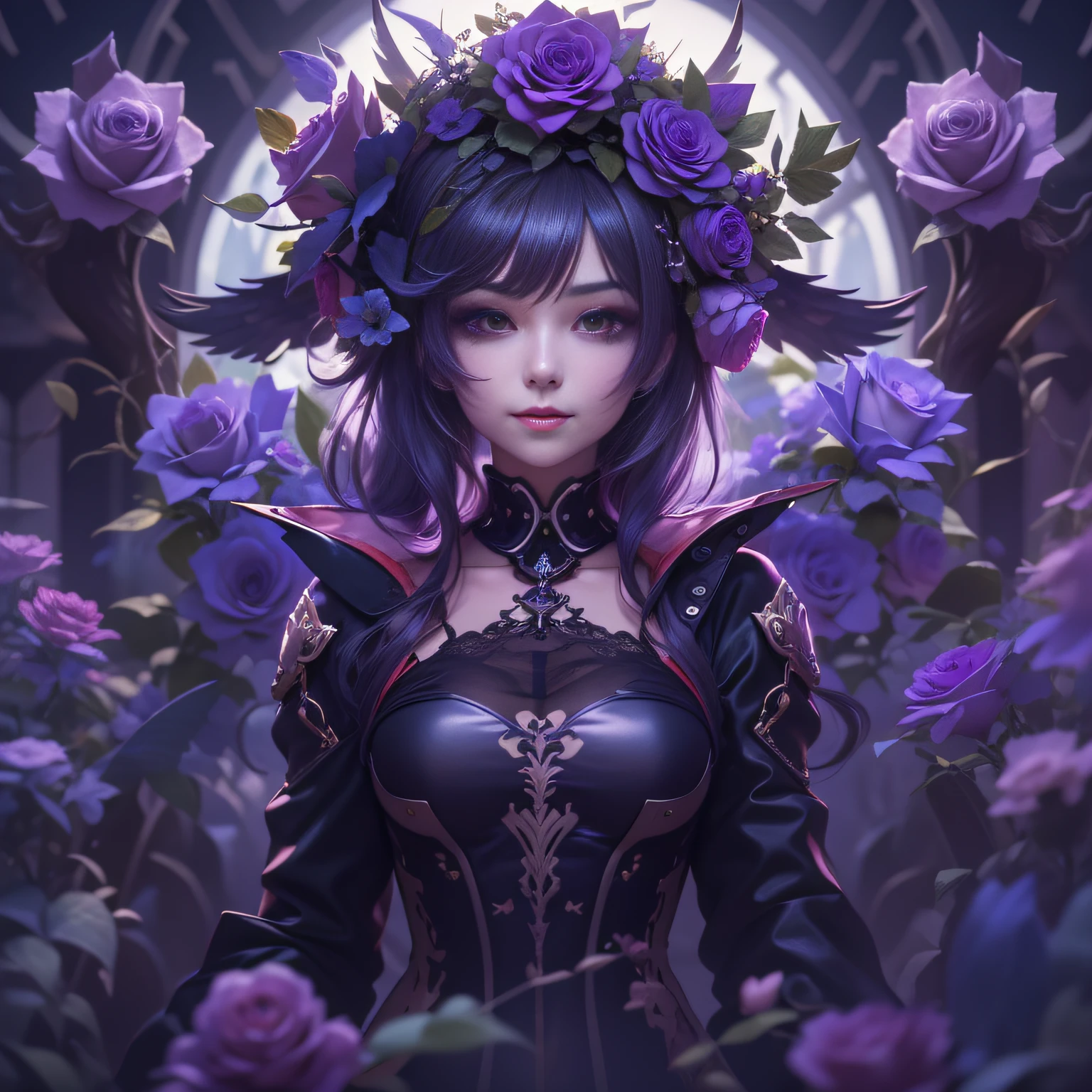 Anime girl with purple roses and crowns, Black wings on the back, and Yang J's cyberpunk art, cgsociety contest winner, gothic art, 8k high quality detailed art, Detail Digital Animation Art, gothic maiden anime girl, 4k detailed digital art, 4k detailed digital art, 2.5 d cgi anime fantasy artwork, Intricate and colorful anime CGI style, s whole body, Detail, Big, Clear eyes, Lovely smile