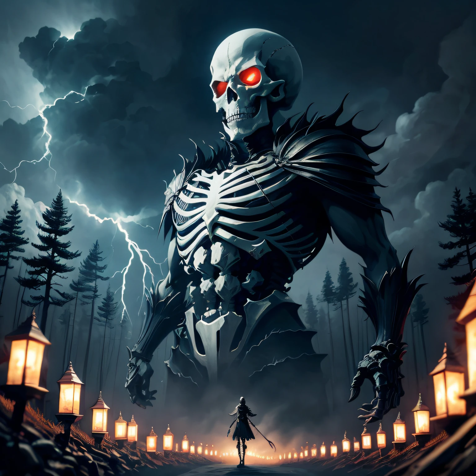 Close up portrait of a person standing in a field with skeletons, an ominous fantasy illustration, epic fantasy digital art style, skeleton knight, badass anime 8 K, skeleton warrior, Skeleton King, cloaks,epic fantasy art style hd, dark but detailed digital art, epic fantasy art style, epic digital art illustration, epic fantasy digital art, epic fantasy sci fi illustration、cloaks,
