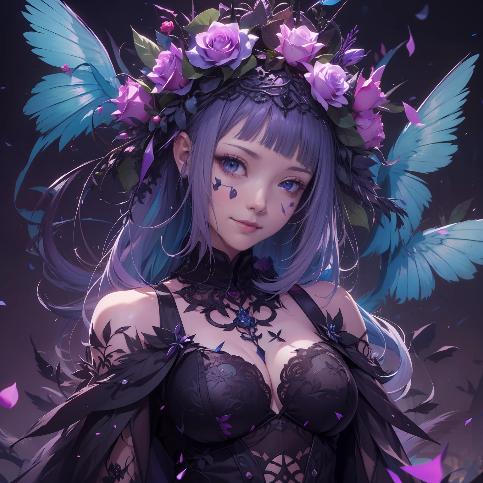 Anime girl with purple roses and crowns, Black wings on the back, and Yang J's cyberpunk art, cgsociety contest winner, gothic art, 8k high quality detailed art, Detail Digital Animation Art, gothic maiden anime girl, 4k detailed digital art, 4k detailed digital art, 2.5 d cgi anime fantasy artwork, Intricate and colorful anime CGI style, s whole body, Detail, Big, Clear eyes, Lovely smile