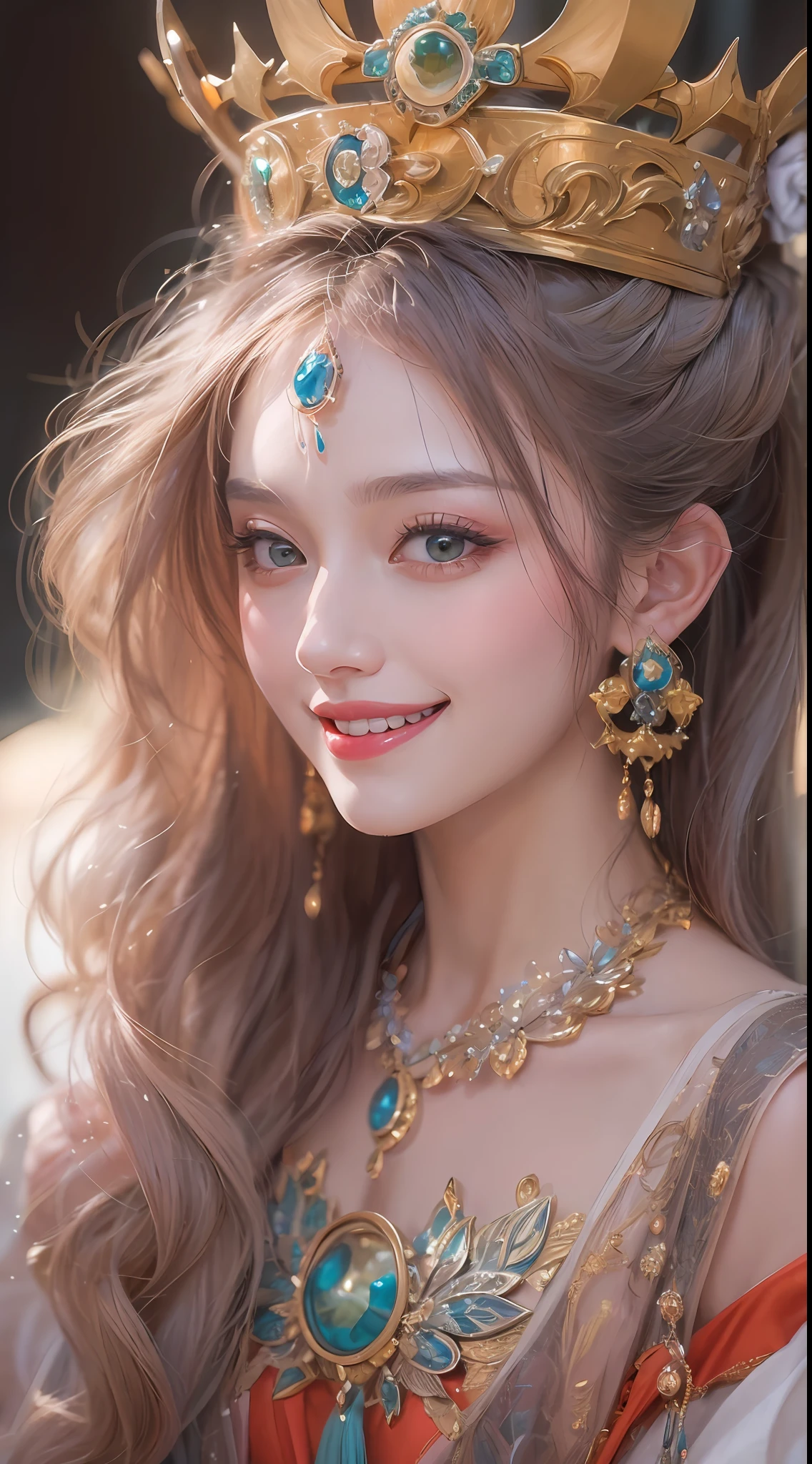 portrait of a beautiful 20 year old holy woman, wearing a thin multicolored silk dress, beautiful face without blemishes, (((beautiful smile:1.5)), ((7 color long hair:1.2)), big crown, hair brooch, hanfu dress, chinese traditional style, full body jewelry, forehead tattoo, super even chest, pretty face, red and detailed yellow lips, ((1.1) 1.8))), the goddess' skin is white, rosy, cinematic, light and dark, dramatic light, magical light, extremely detailed light, true color, super sharp, realistic, 8k quality, fantasy universe background, saint and magical space, the most detailed image,