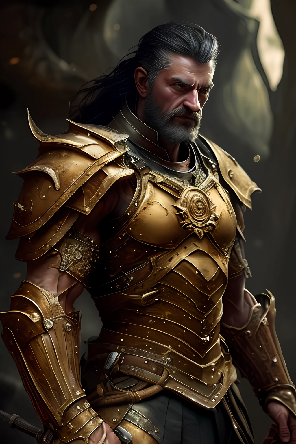 (Masterpiece), (Extreme), (Super detailed), (Full Body), a Viking in golden armor, wielding a shield in his left hand and a hammer in his right hand coming out of rays, full body image, futuristic detailed background, strong man, radiating a golden light of armor, muscular, showing the abdominal muscles, abdominal muscles to show, in position of attack, expression with anger, Show the shield in detail