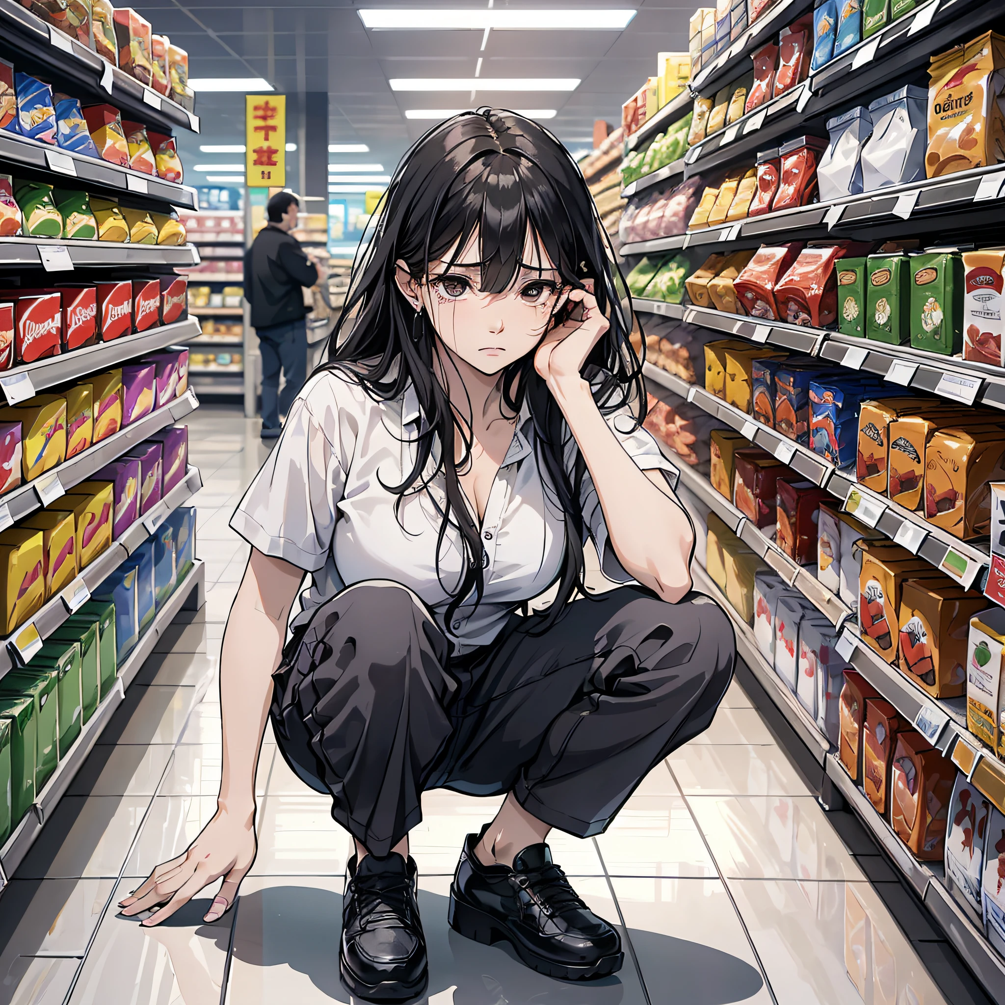 Ridiculous resolution,A high resolution,(tmasterpiece:1.4),Hyper-detailing,cabelos preto e longos, 1 middle-aged woman, Black eyes, White shirt,Supermarket,The expression of grievance and crying,bleed,Corner squat