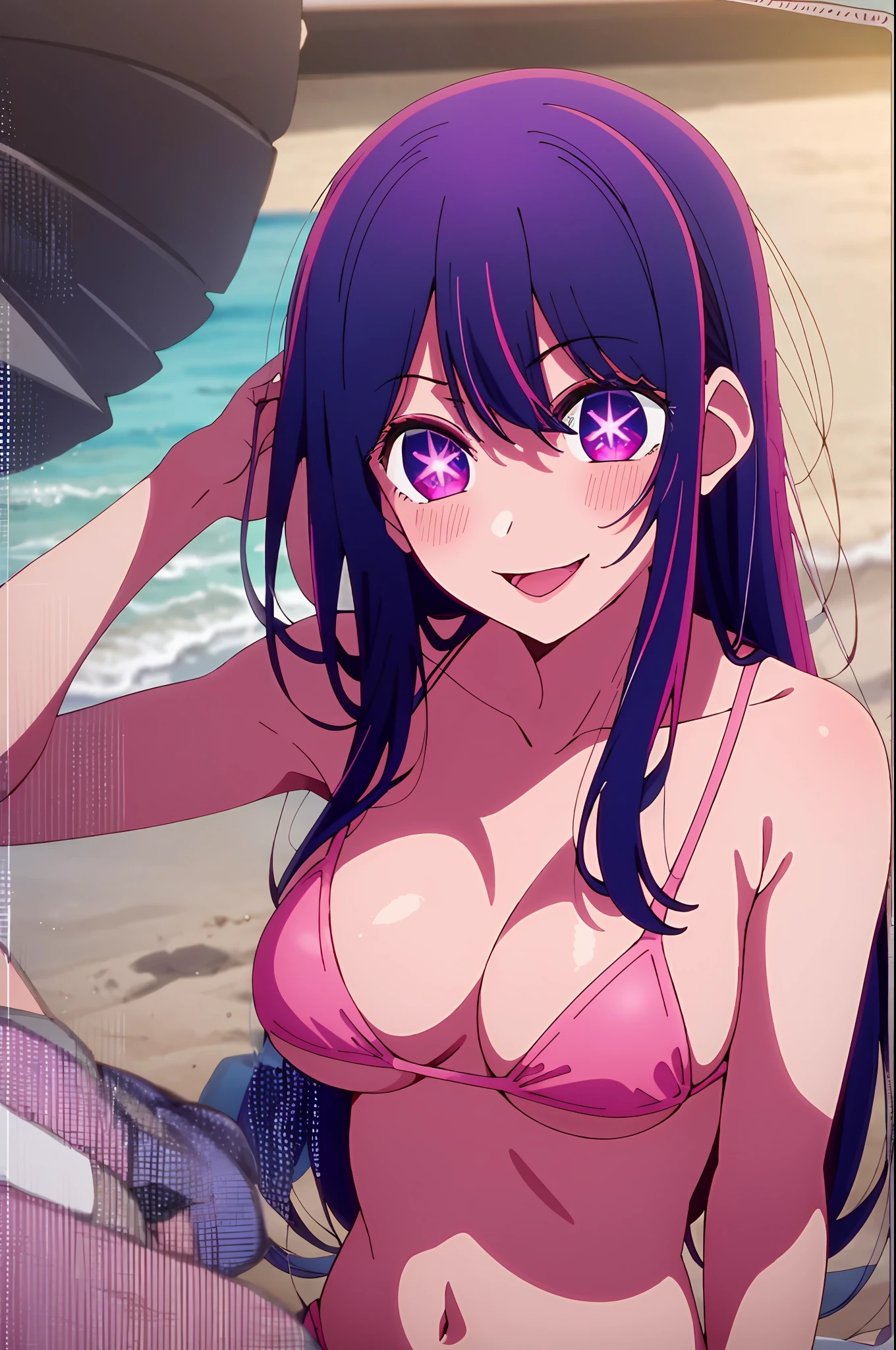 ​masterpiece、ighly detailed、(1 girl in:1.2)、purple color  hair、pink bikinis、big eye、a closeup、A smile、8K 、Ai Hoshino、beach