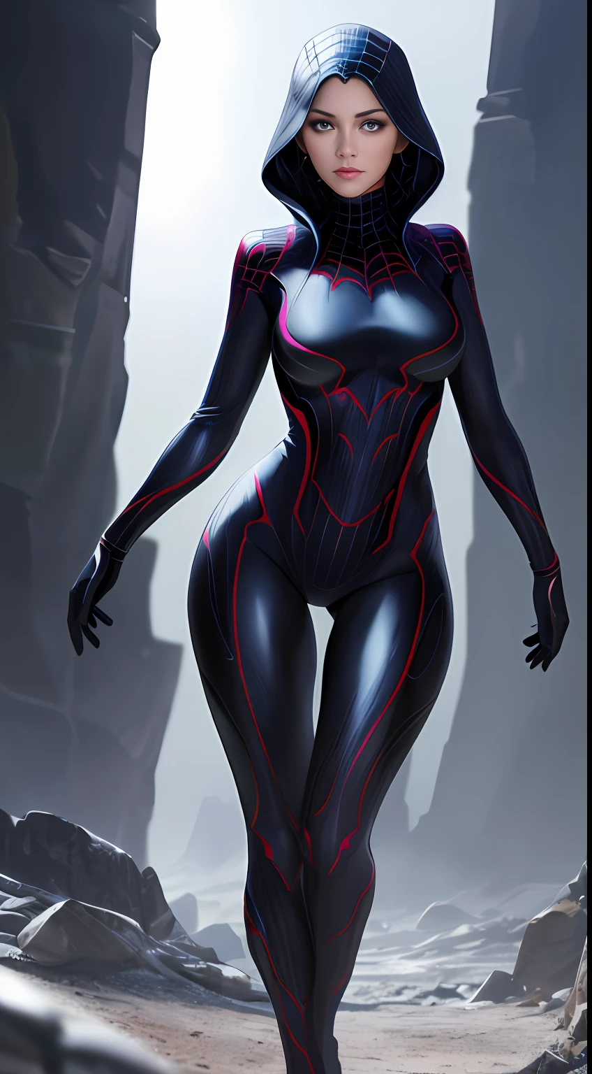 Beautiful woman in spider suit,4K high resolution,Highest quality and lighting effects,The best skin and facial features,The body is well distributed,Realisticstyle,Full body photo,Beautiful background to nature