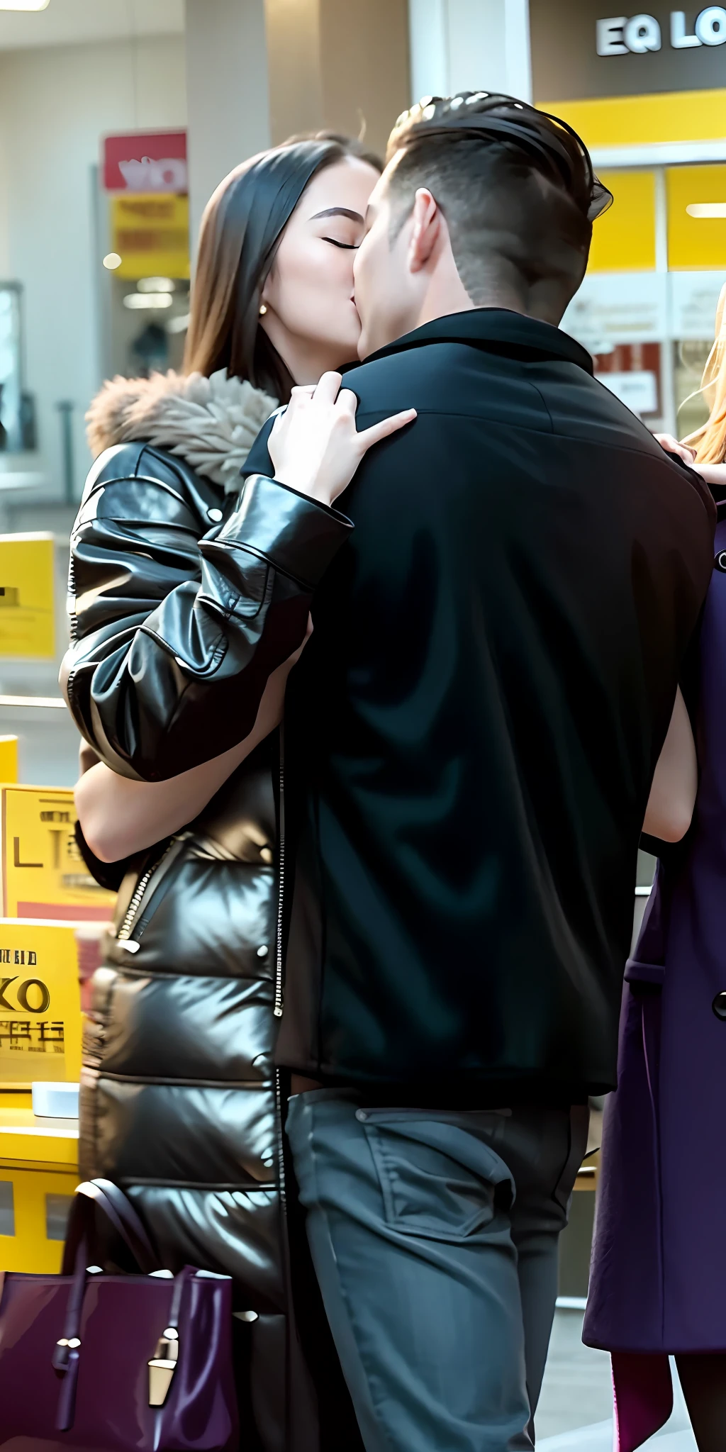 there is a kissing couple standing in front of a store hugging and stroking each other, there is a young girl in a very shiny black  laquered coat putting her arm around his neck, over his shoulder, erotic scene, kissing love, kissing in public,  blurred detail, very details, candid shot, with his back turned, looking her shoulder, hugging, high details!, hug, couple, holding close, kiss, very close shot, photo still of behind view, touching