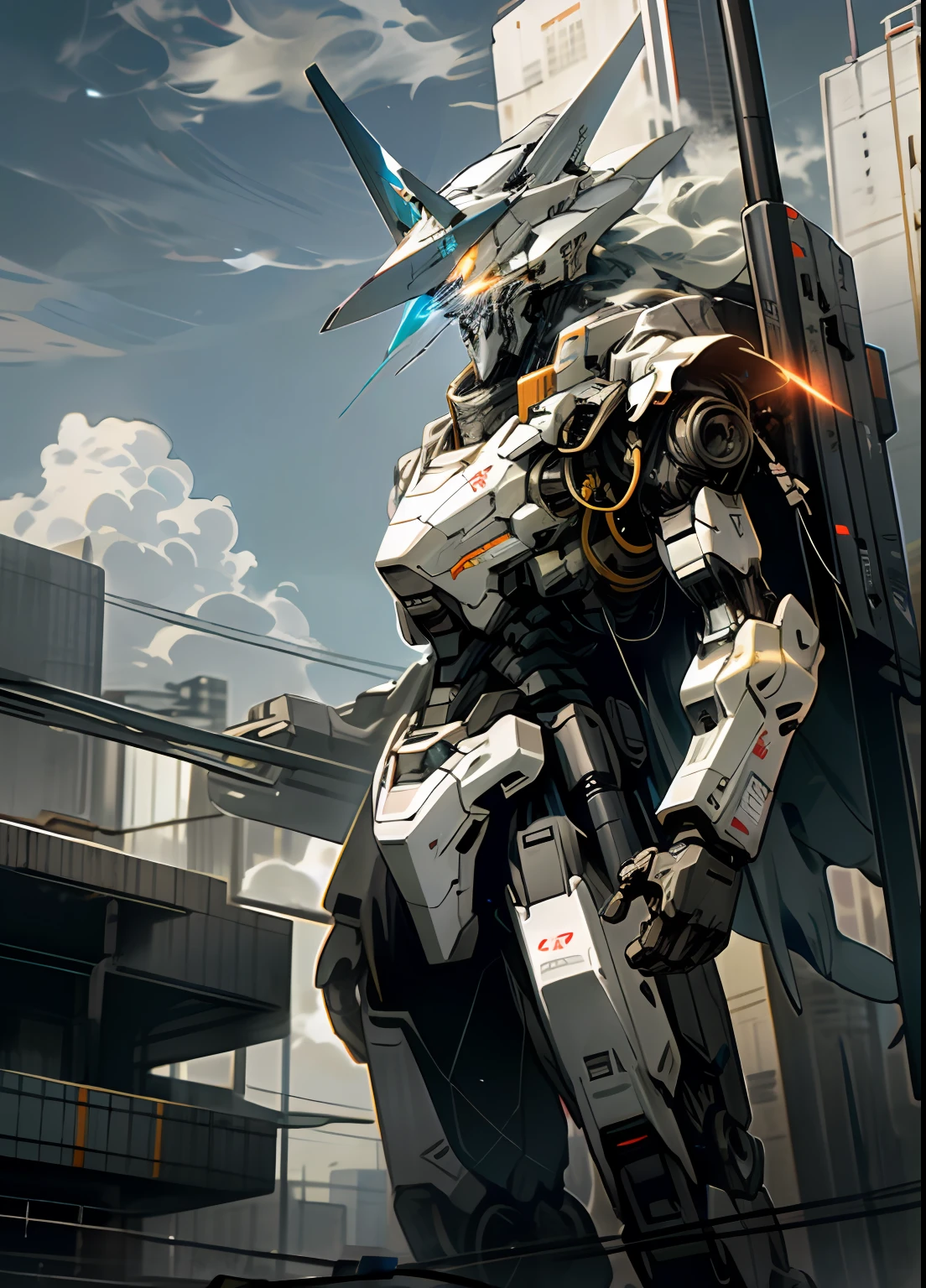 Skysky,clouds,holding_weapon,no_humans,with light glowing,,droid,High-rise buildings,glowing_eyes,mecha,scientific fiction,城市,Realistis,mecha