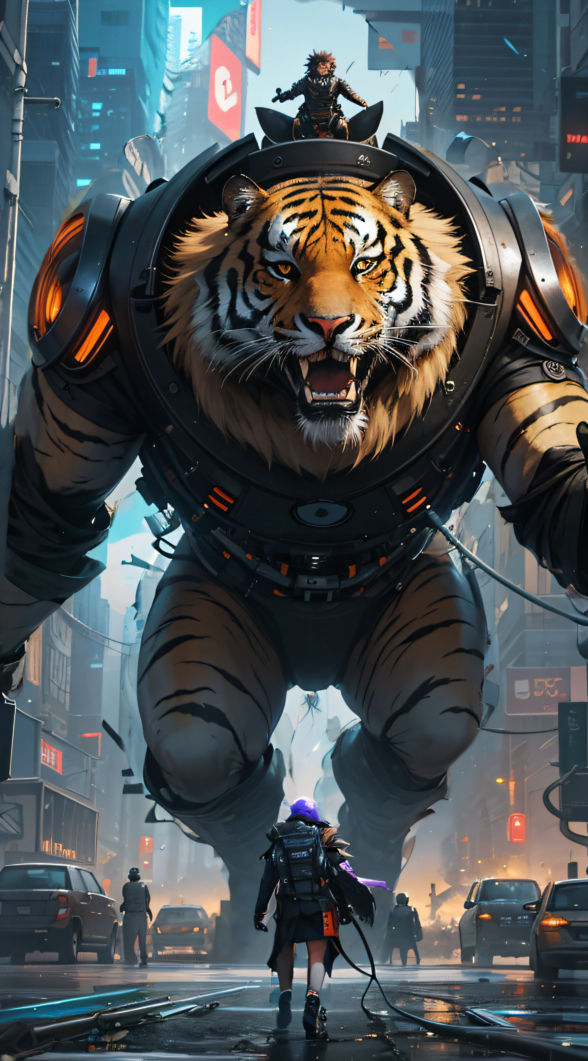 A cyberpunk tiger roars amid the chaos of a futuristic city, where tall, ruined buildings mingle with giant screens and electrical cables. The tiger's body is covered in metallic implants and light circuits, which enhance its wild beauty and brutal strength. Their eyes are red and bright, as if they were cameras capable of seeing beyond the visible. Its claws and teeth are sharp and chrome-plated, ready to tear apart any obstacle. Their coat is orange and black, but with blue and purple reflections, which create a contrast with the gray and polluted environment. The tiger is a living work of art, a perfect fusion between nature and technology, a symbol of resistance and freedom in a world dominated by chaos and oppression., angry, Futurism, high detail, cinematic lighting, from below, 8k, best quality, high quality, super detail, high details