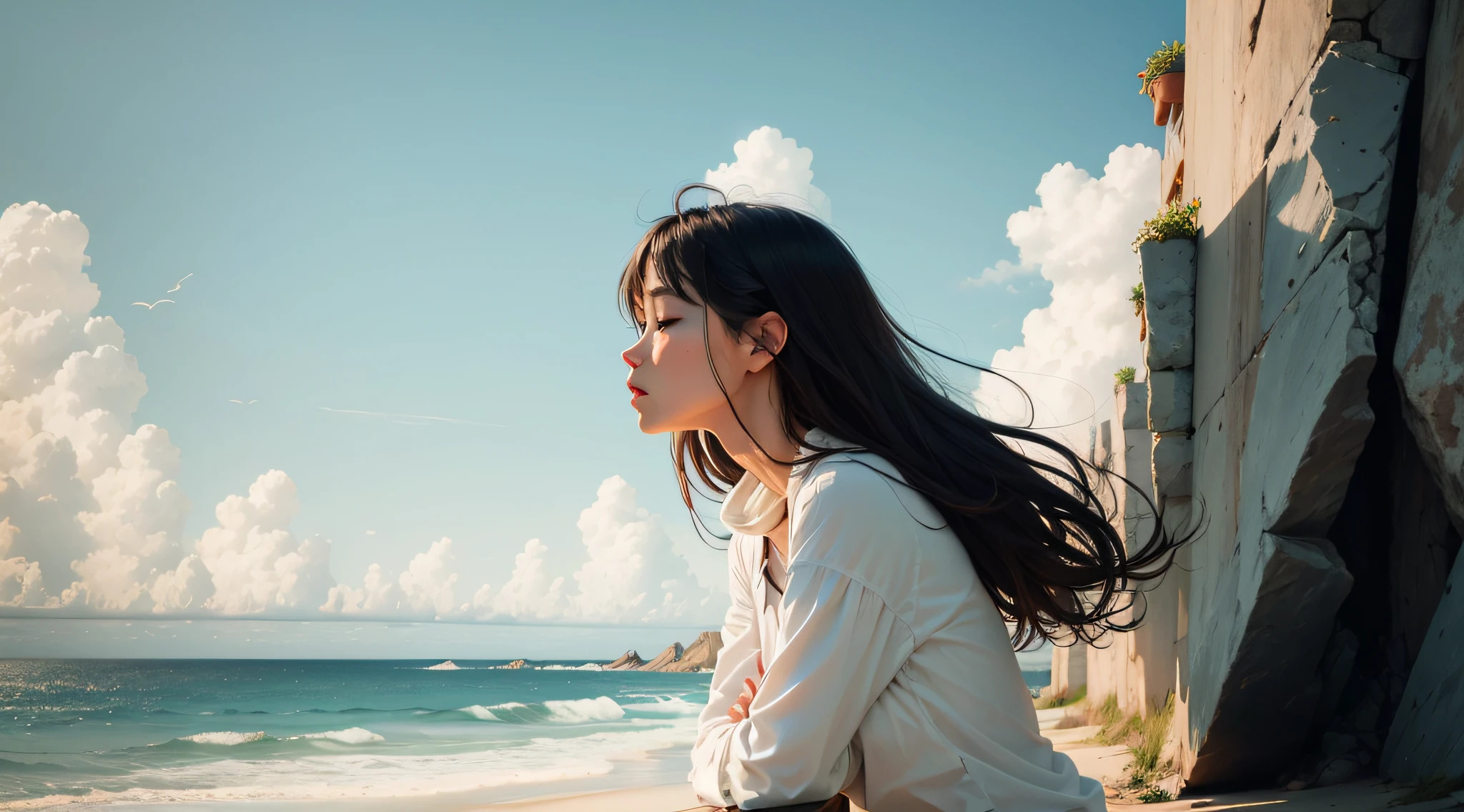 Facing the sea,Take deep breaths