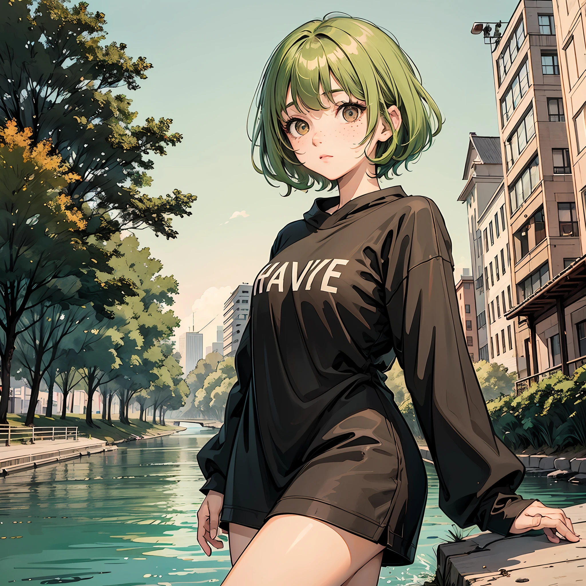 1girl, Short green hair, looking at the camera, centered in the middle of the screen, front view, honey-colored eyes, light brown eyes, freckles, black shirt, background River in a park at night