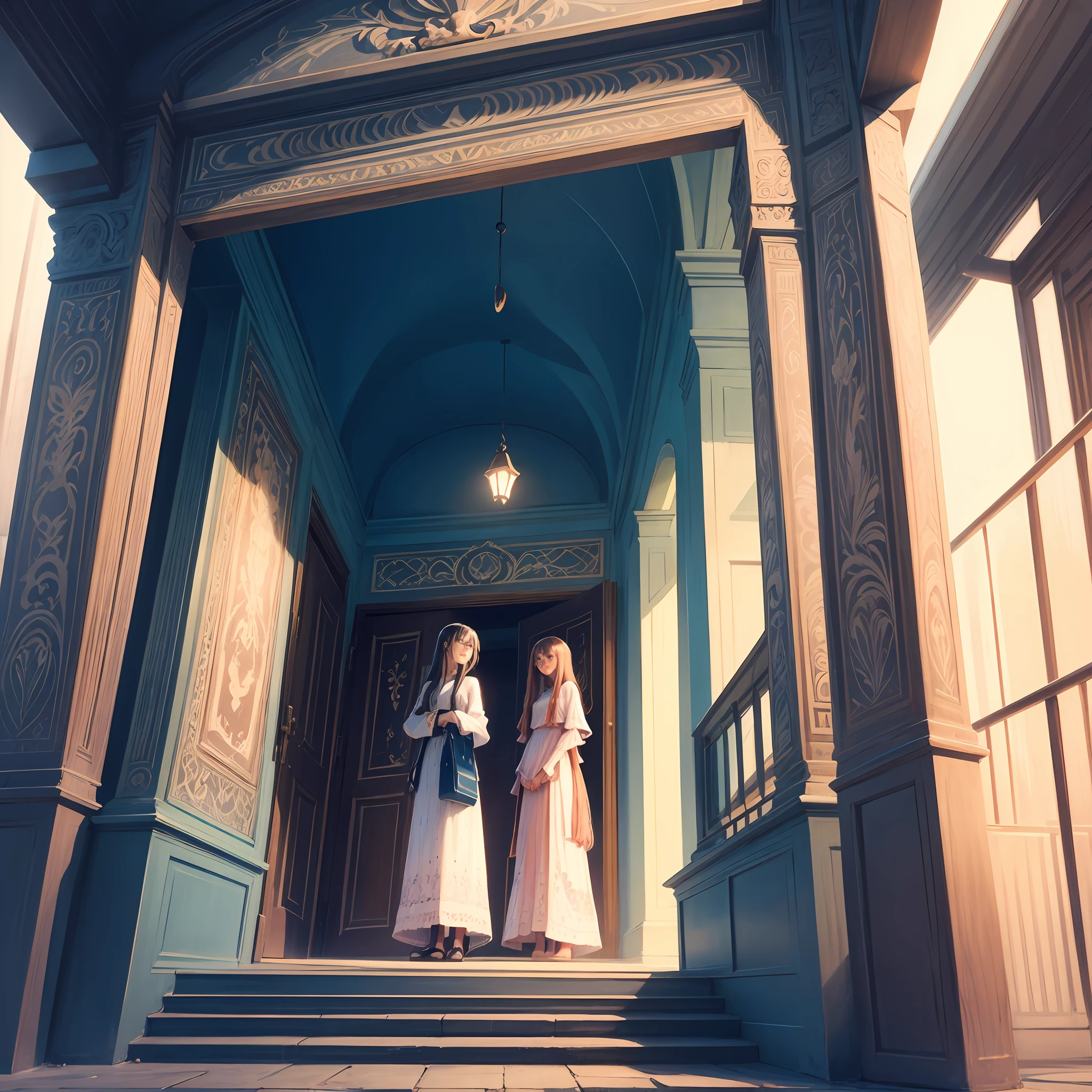 Shy, waiting, blushing, expecting, shoujo, alone, long dress, long hair anime style --auto
