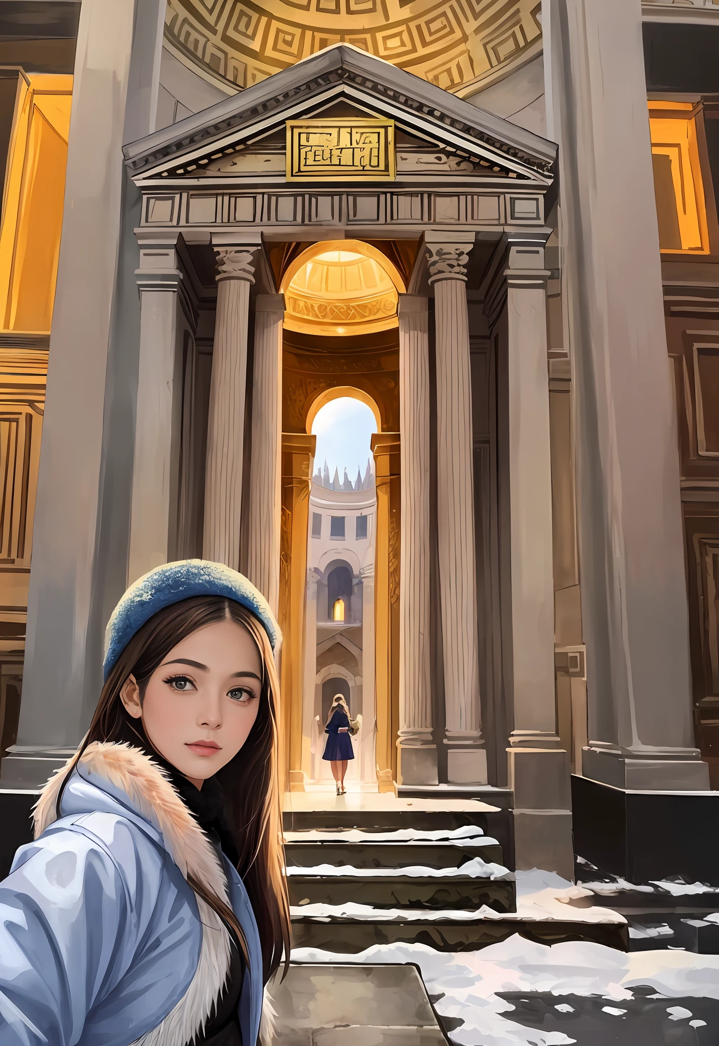 (Positive focus, Original photo), (2girls,duo,navel,Enter the Pantheon in Rome,crowd,winter,Snowy),Surrealistic Female Portraits by David Hockney and Alphonse Mucha, Fantasy art,Wear gorgeous furs, (Blue pupil: 1.4, shiny pupils: 1.4, Big eyes: 1.1), Photo fidelity, Dynamic lighting, Art Station, poster for, voluminetric lighting, Very detailed face, 4K, Award-winning, Shadows, understated, (official outfit: 1.4, Gorgeous fur, Complex clothing, Furs), Looking at the camera, Bust Up Shot, (Realistic face)),