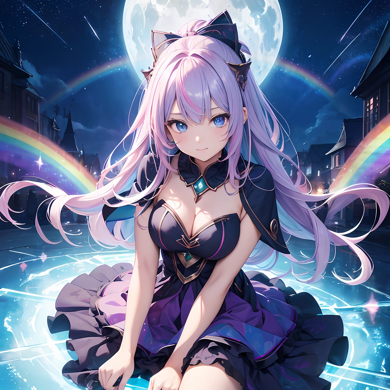 Dark Magician Girl、MKSKS style、2guys、(highly detailed back ground:1.0)、(highly detailed back ground:1.0)、masterpiece、top-quality、An ultra-high picture quality、16k、Blue eyes、From above、Fold your hands in front of you、The upper part of the body、Sitting on the edge of the fountain、Twisting the body、Leaning forward、Hair ornament with emerald、Reddish cheeks、a smile、(1/2 pink and 1/2 Light blue hair、rainbow-colored hair、ahoge、Curly、forehead)、(Colorful dress with a lot of draping、Rainbow dress:1.3)、Silver necklace、Silver bracelet、(Ray-like pattern:1.4)、Aurora、night sky full of stars、shooting stars、fullmoon、natta
