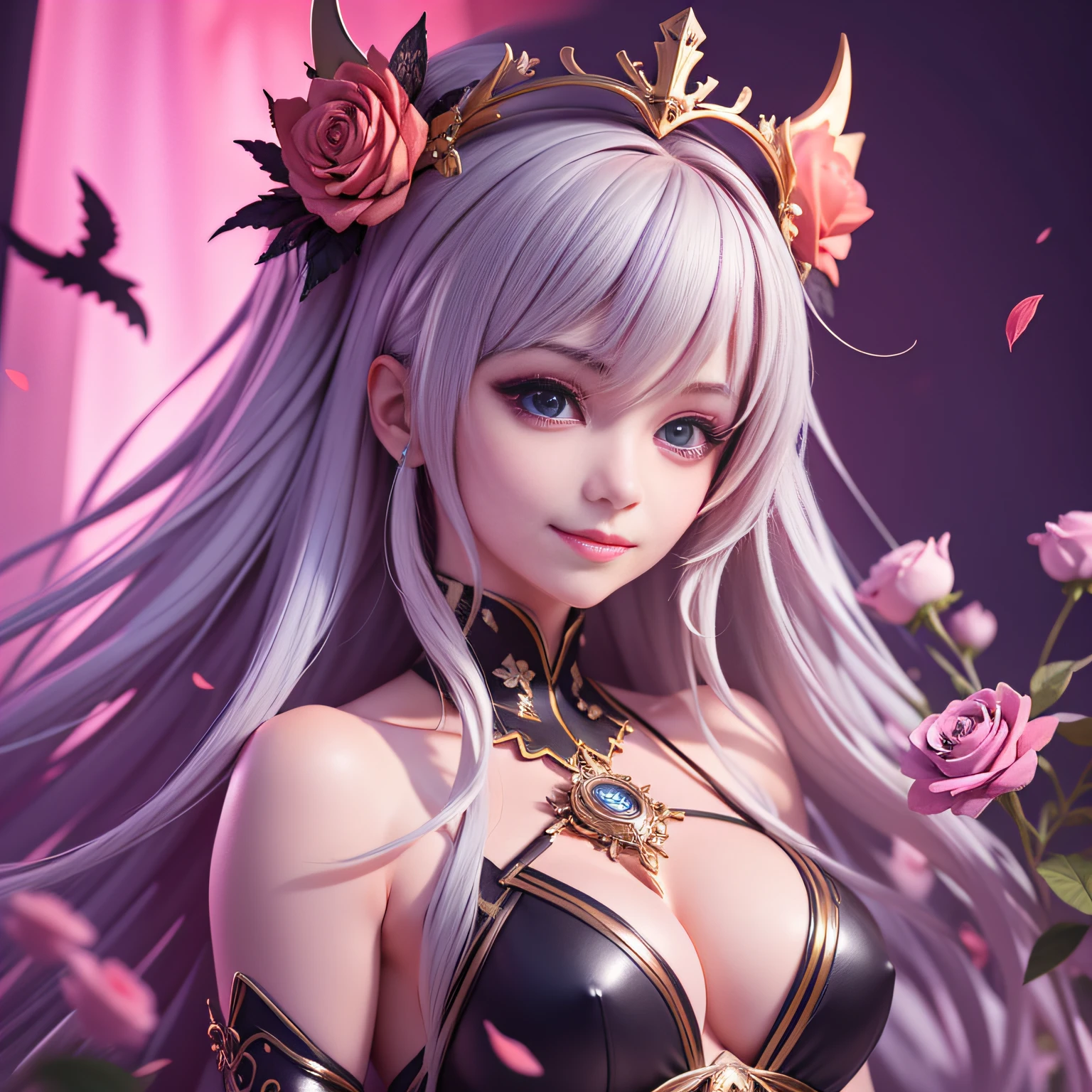 Anime girl with purple roses and crowns, Black wings on the back, and Yang J's cyberpunk art, cgsociety contest winner, gothic art, 8k high quality detailed art, Detail Digital Animation Art, gothic maiden anime girl, 4k detailed digital art, 4k detailed digital art, 2.5 d cgi anime fantasy artwork, Intricate and colorful anime CGI style, s whole body, Detail, Big, Clear eyes, Lovely smile