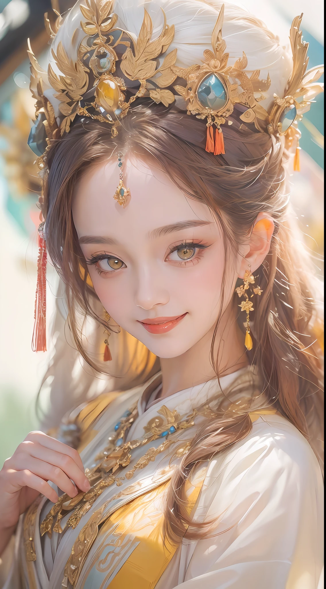 portrait of a beautiful adult 20 year old holy woman, wearing a thin multicolored silk dress, beautiful face without blemishes, (((beautiful smile:1.5)), ((7 color long hair:1.2)), big crown, hair brooch, hanfu skirt, chinese ancient style, full body jewelry, forehead tattoo, super even chest, pretty face, detailed red-and-white eyes, ((1.1) detailed yellow lips and eyes, ((1.1) even: 1.8))), the goddess' skin is smooth white, rosy, cinematic, light and dark, dramatic light, magical light, extremely detailed light, true color, super sharp, realistic, 8k quality, fantasy universe background, saint and magical space, the most detailed image,