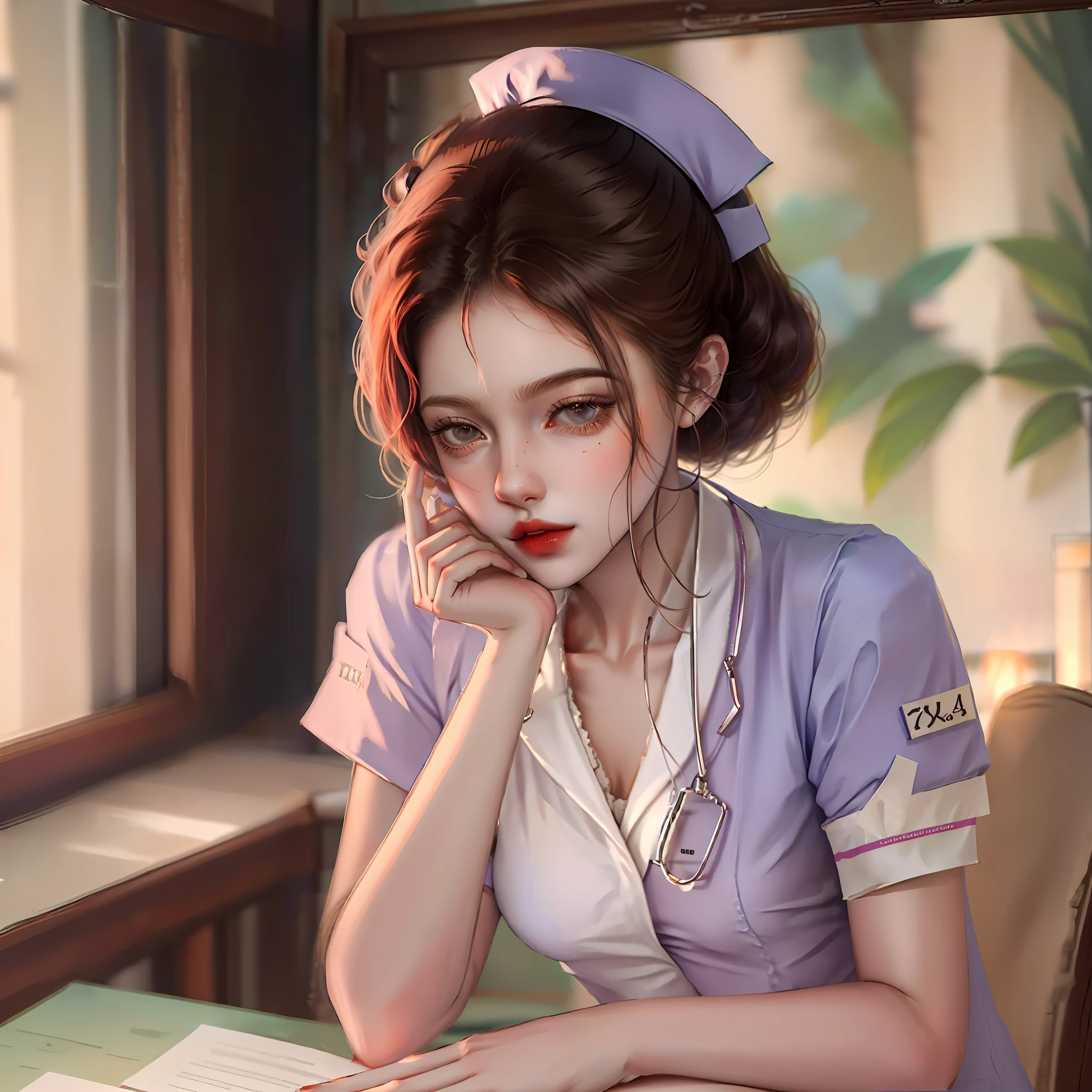 A very beautiful young woman nurse sitting and writing something, UHD, 8k, beautiful