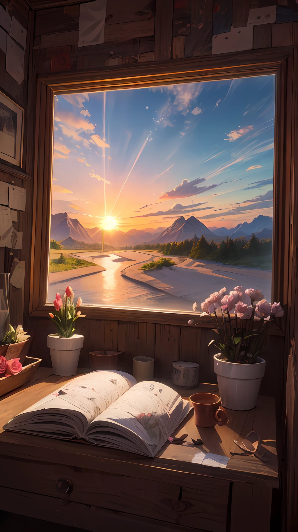 (sandbox:1.4),Movie Angle,(Sun, White clouds, Mountains, ln the forest, rivers),(paper art,Quilted paper art,geomerty),(Extremely colorful, Best quality, Detailed details, Masterpiece, offcial art, movie light effect, 4K, Chiaroscuro)，Rose roses，Peach blossoms，Peonies，Tulip tuli，