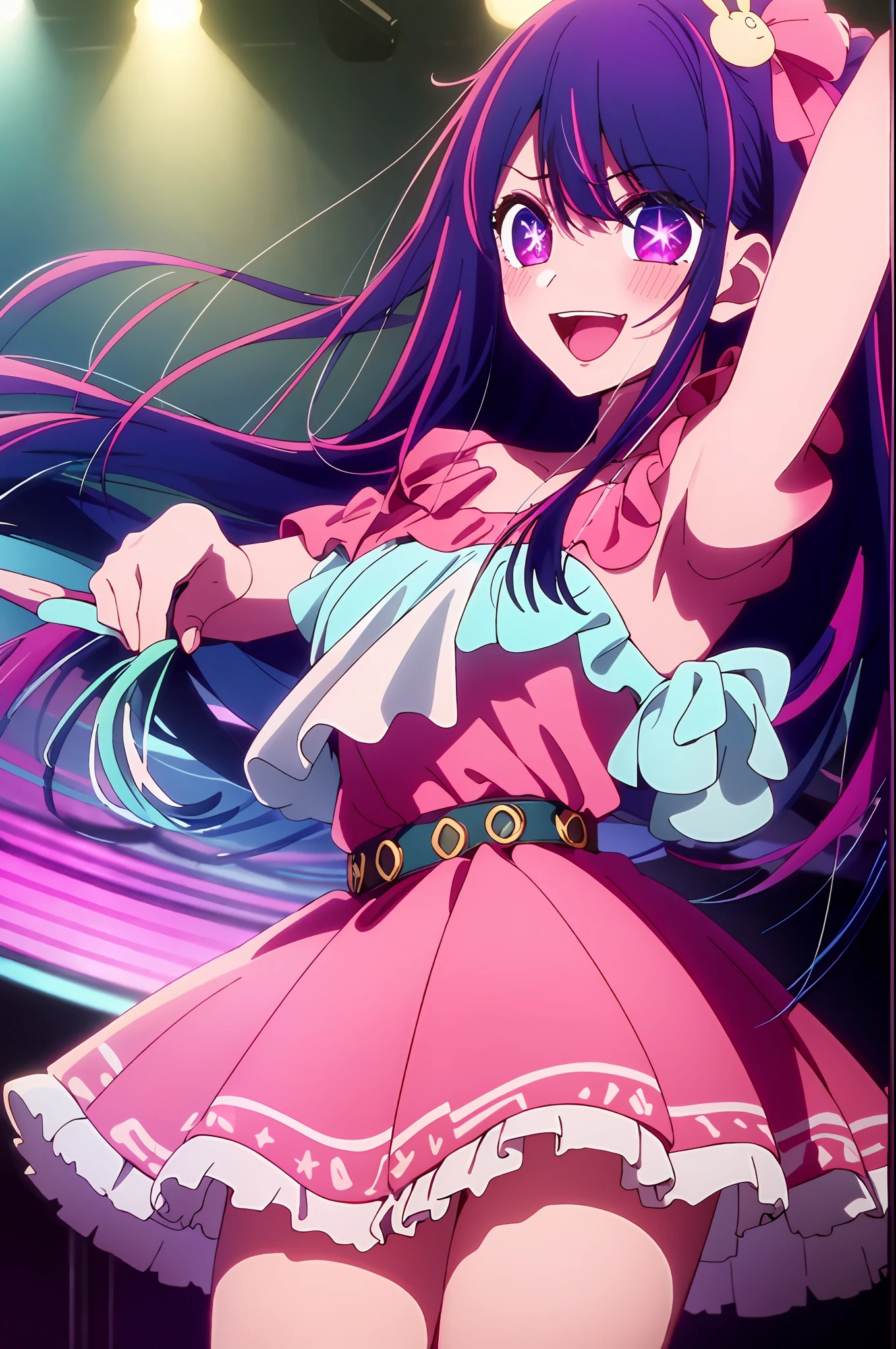 masterpiece、ighly detailed、(1 girl in:1.2)、purple color hair、pink dress、big eye、a closeup、A smile、8K 、Ai Hoshino、Live performance venue、dance、idol