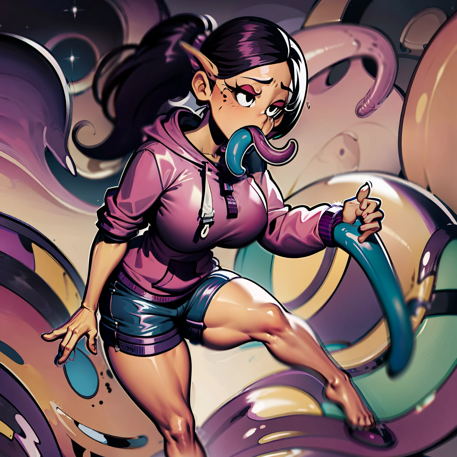 Ronnie Anne, purple hoodie, shorts, black eyes, ponytail, tanned skin, full body, tentout, tentacle coming out of mouth, tentacle, big tentacle, tentacle coming out from the mouth, long purple tentacle, nice body, curvy legs, sad expresion,