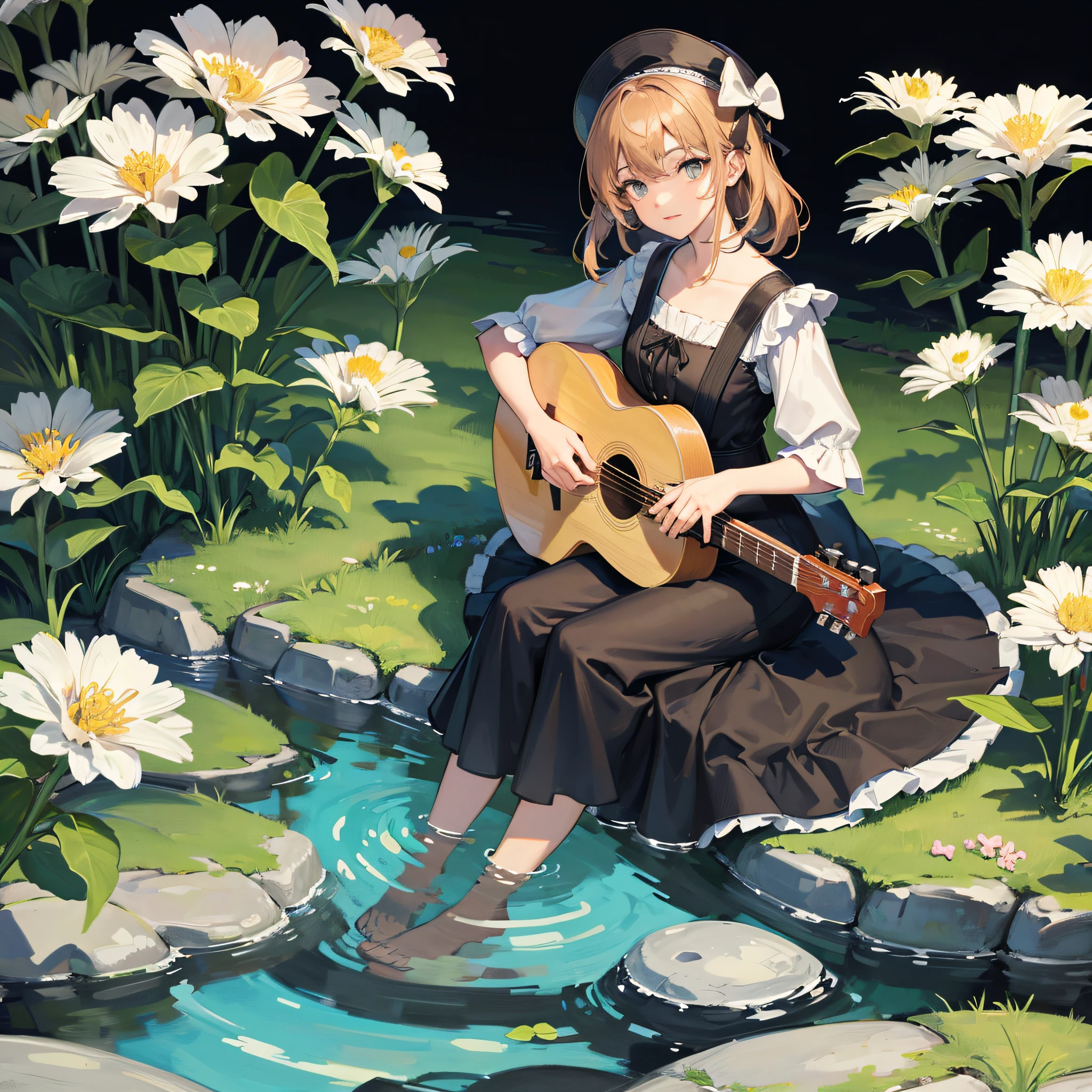 an illustration of girl wearing an old hat and playing banjo and sitting on a rock and surrounded by flowers and frogs, black background --auto