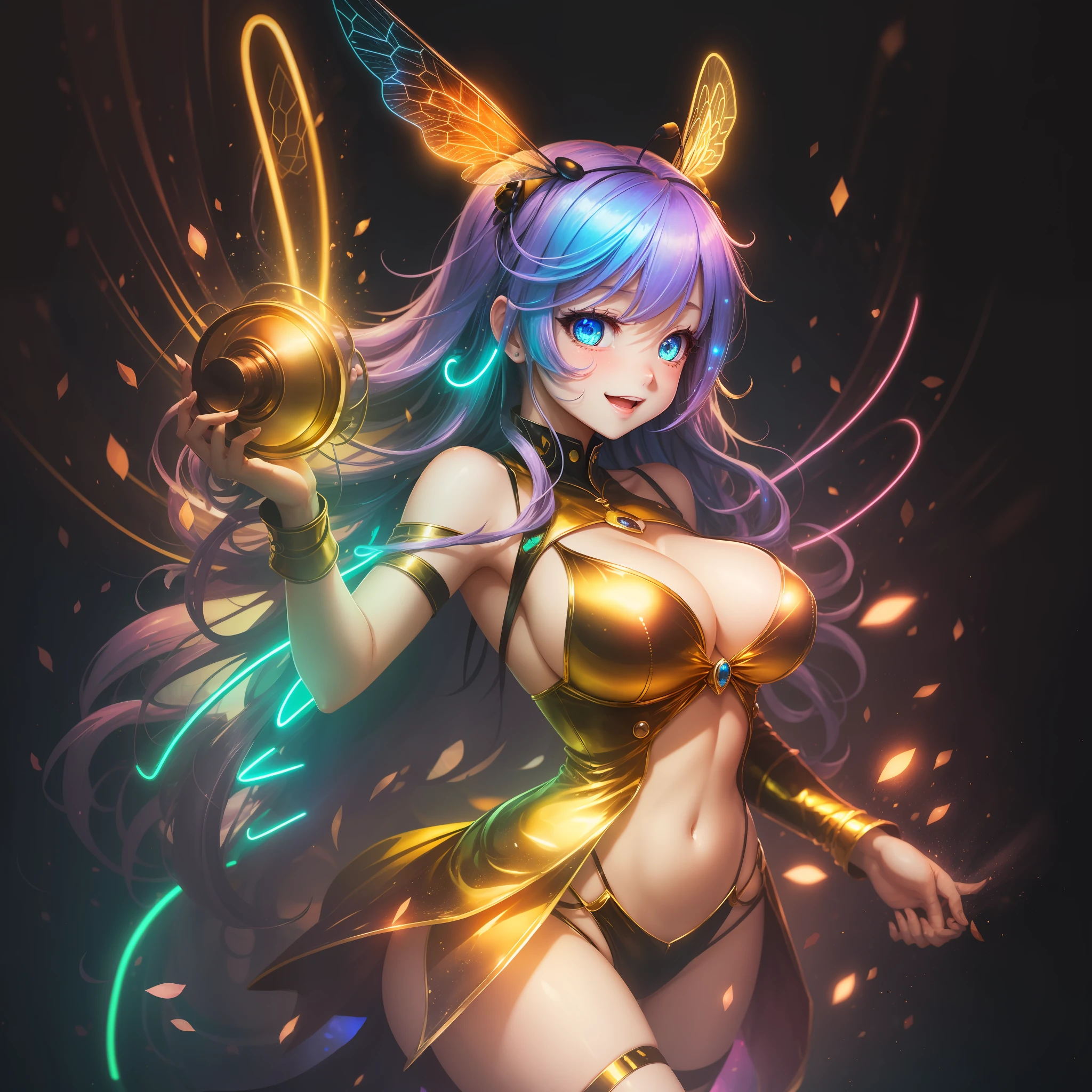 solo, super high image, super detail, high resolution, anime, manga, illustration, fantasy, super cute girl, amorous expression, Bee costume, Bee cosplay, eyes are yellow, laugh mischievously, happy, shy, huge , under boob, g proportion, perfect proportion, slender, Full body, background northern renaissance style, kaleidoscope, rainbow and gold neon light many lines