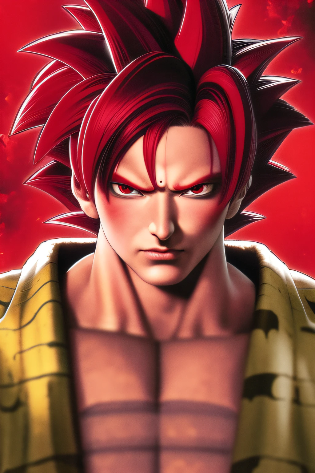 Best quality, Masterpiece, (Realistic:1.2), son_Wukong, Super_saiyan_Red, Red_Hair, Red_Eyes, Angry+face, Blue_aura background, Portrait, kamekame ball